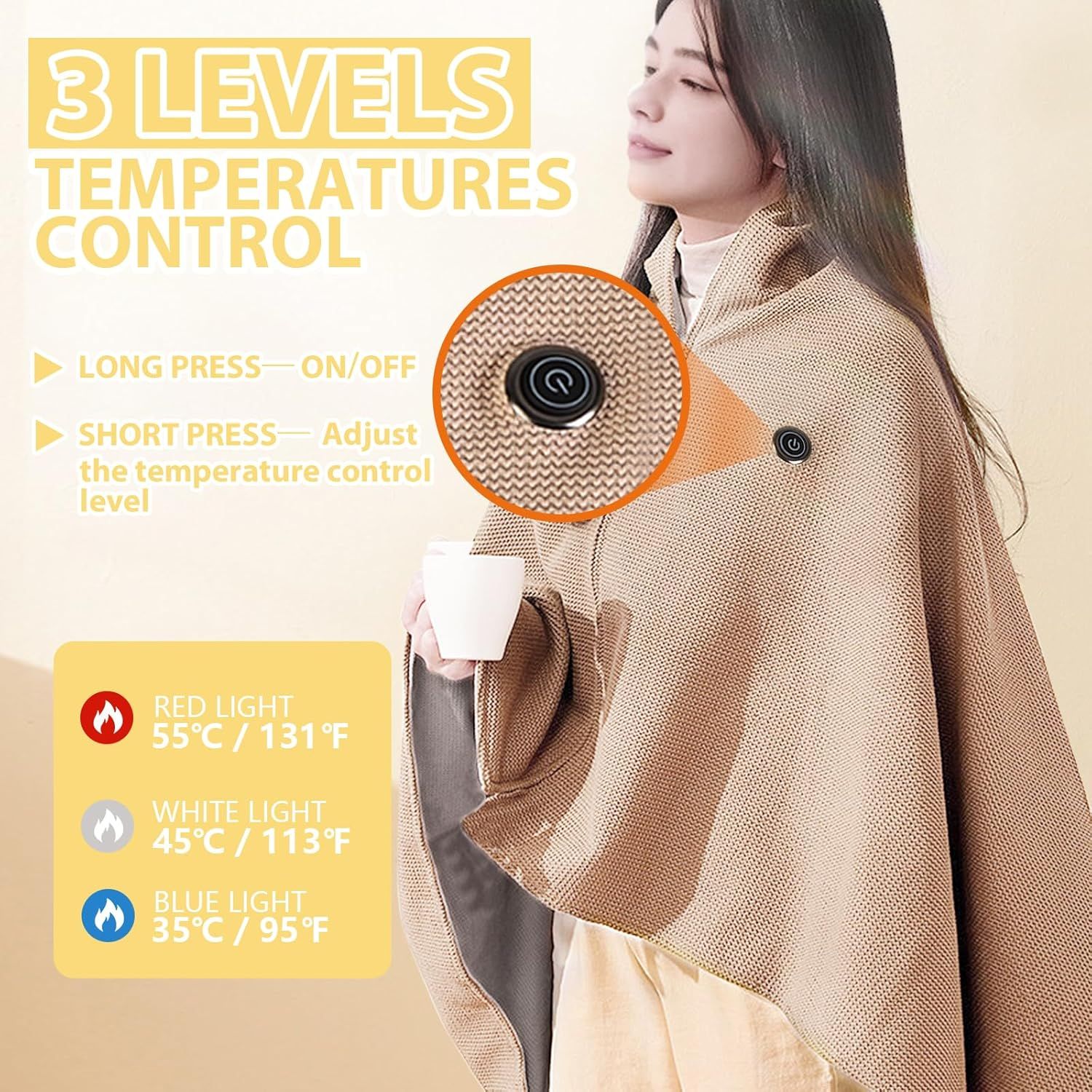 USB Power Supply Electric Heated Blanket Shawl Portable Wearable Heated Throw 3 Heat Levels Machine Washable Cozy 62x32 Inches