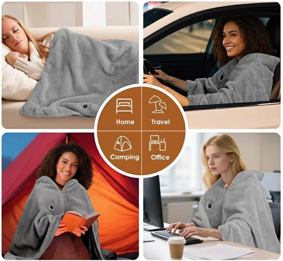 USB Power Supply Electric Heated Blanket Shawl Portable Wearable Heated Throw 3 Heat Levels Machine Washable Cozy 62x32 Inches