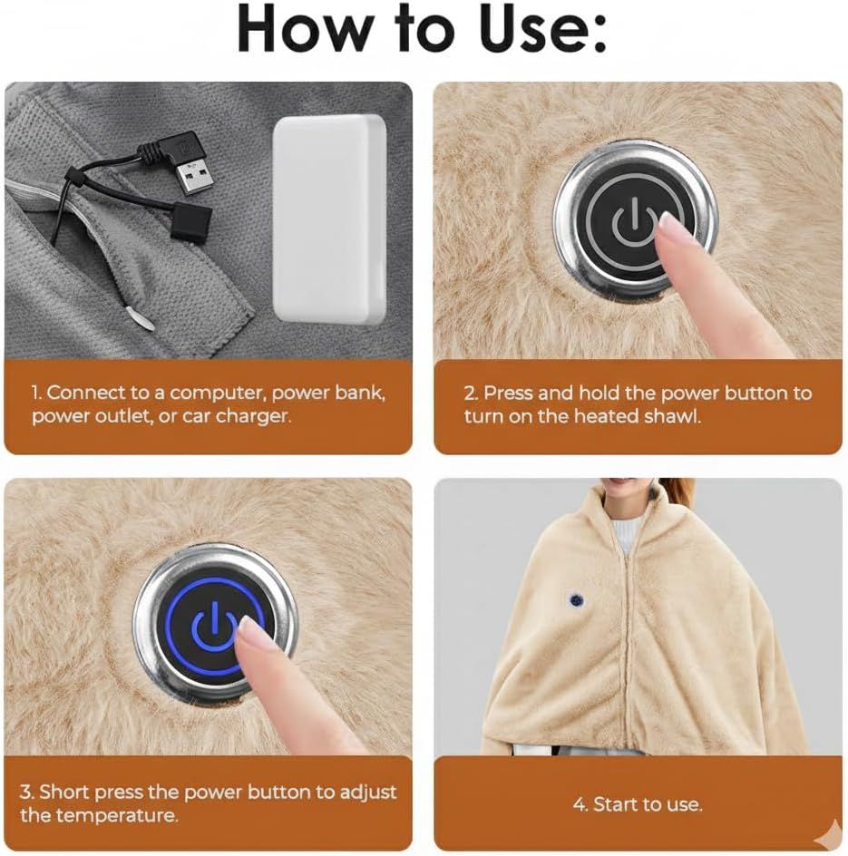 USB Power Supply Electric Heated Blanket Shawl Portable Wearable Heated Throw 3 Heat Levels Machine Washable Cozy 62x32 Inches