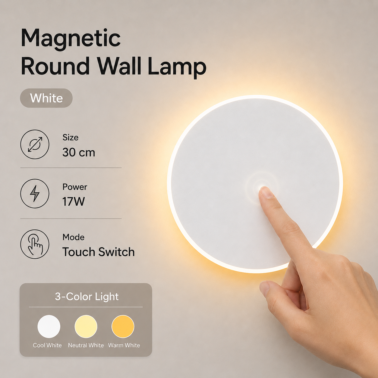 Magnetic Round Wall Lamp 30cm White Magnetic Round Wall Lamp 30cm White
