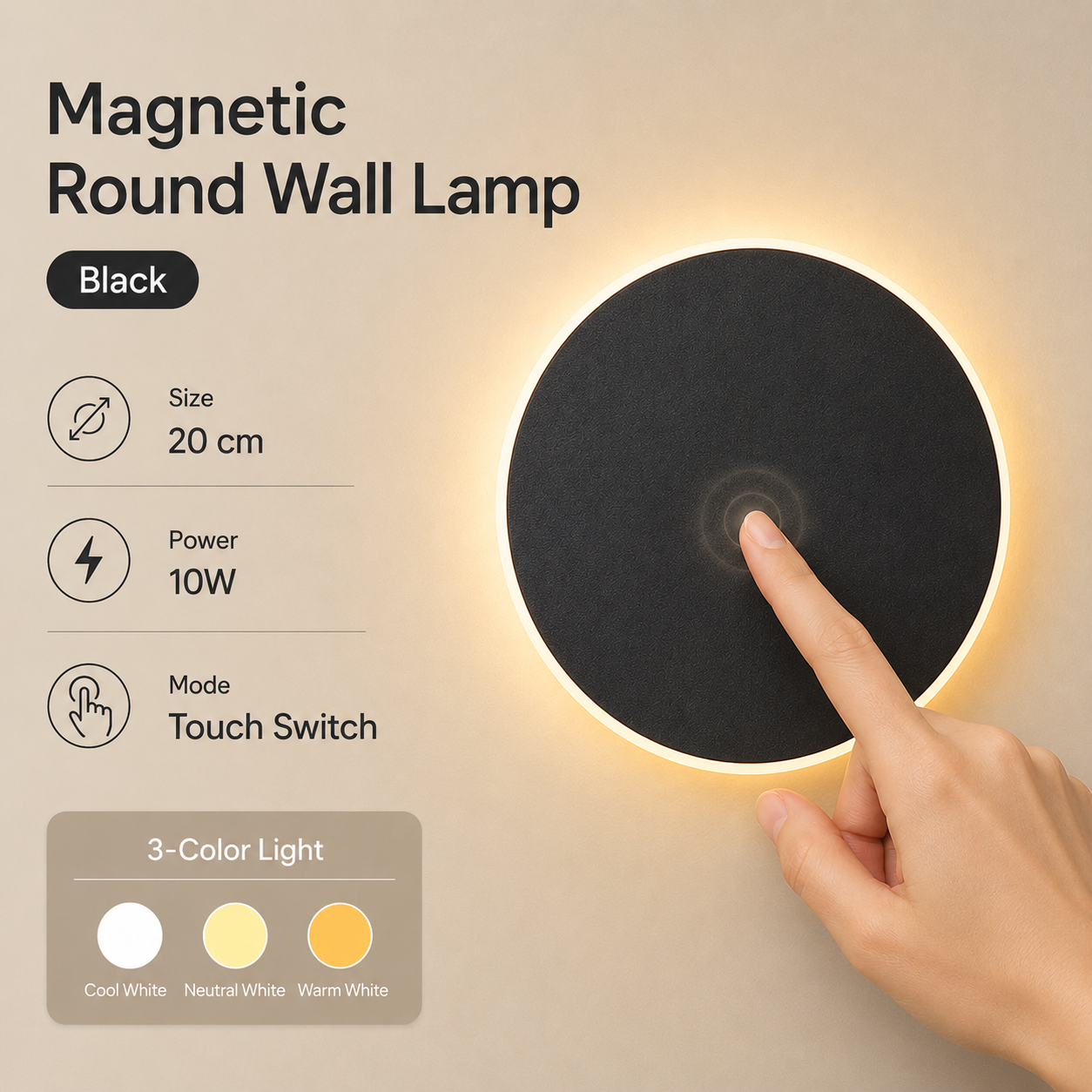 Magnetic Round Wall Lamp 20cm Black Magnetic Round Wall Lamp 20cm Black