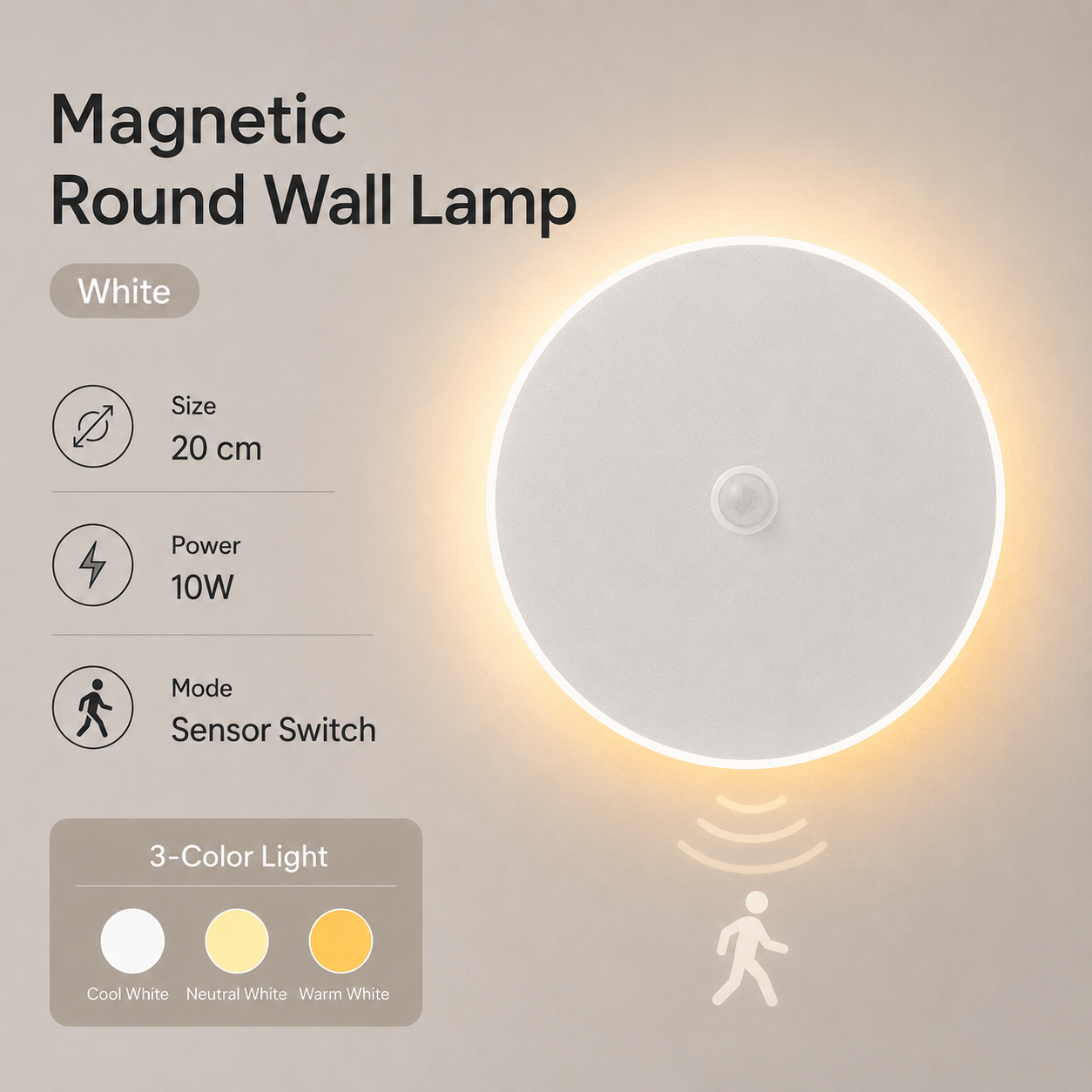 Magnetic Round Wall Lamp 20cm White Magnetic Round Wall Lamp 20cm White