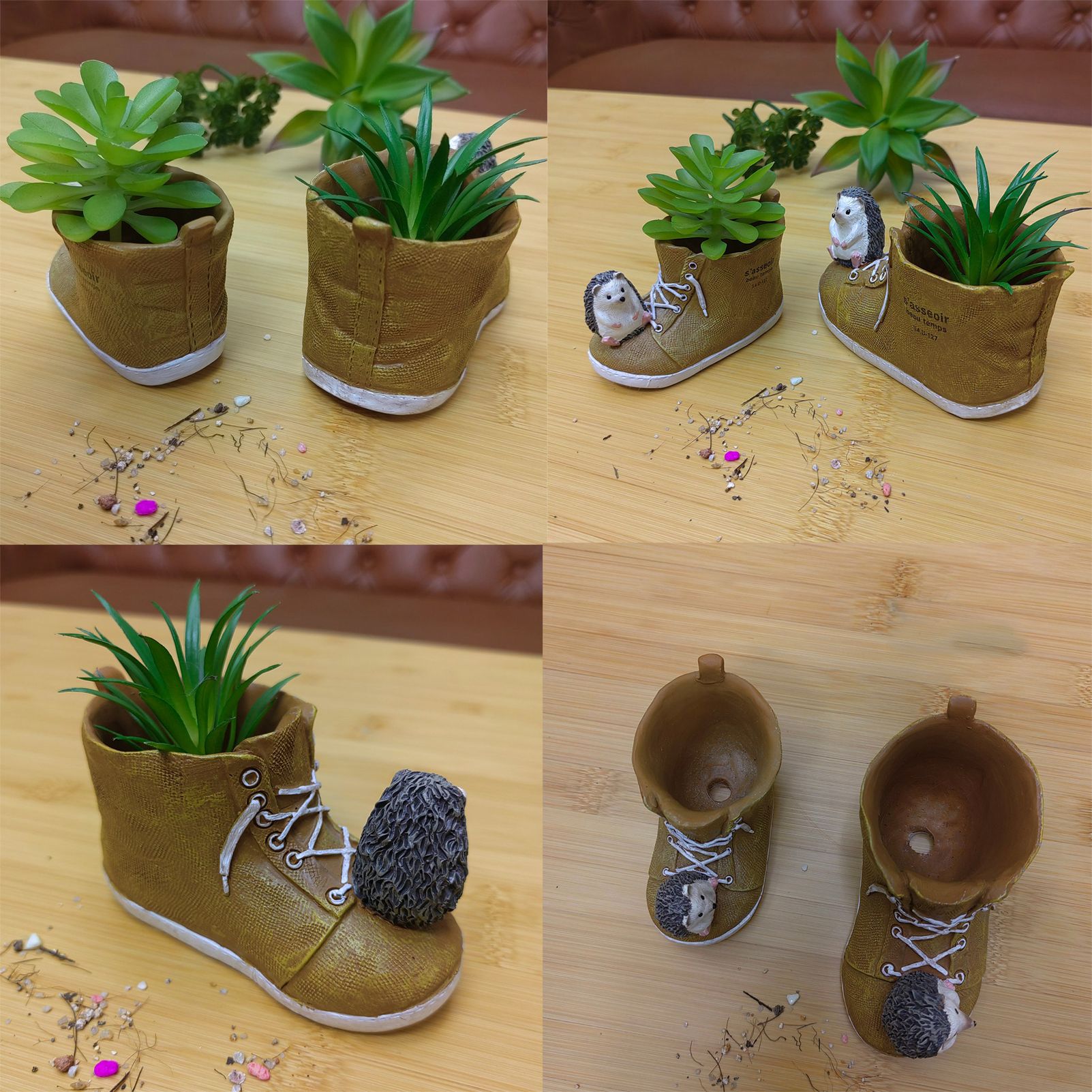 Cute Hedgehog with Resin Shoe Flower Pot with Animal Figurine