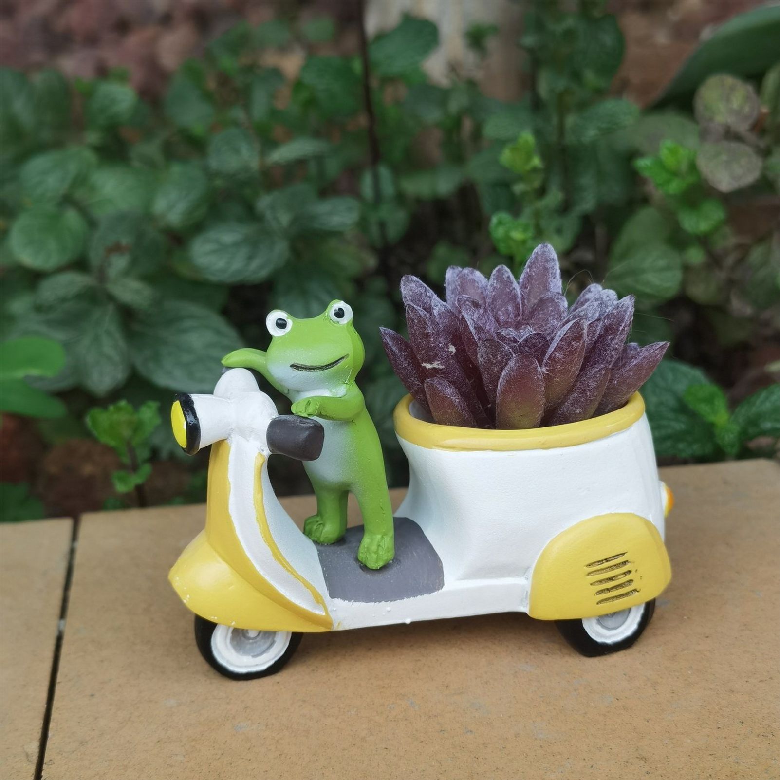 Cute Frog on Motorcycle Resin Planter - Mini Scooter Flower Pot for Succulents