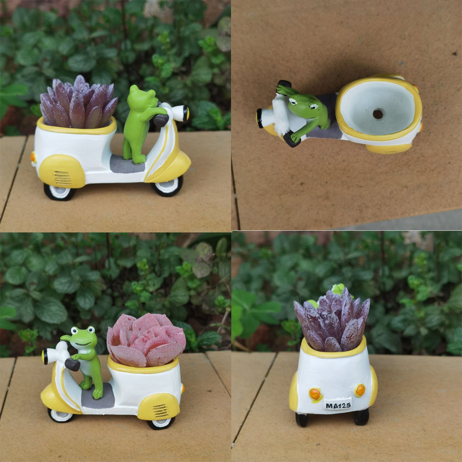 Cute Frog on Motorcycle Resin Planter - Mini Scooter Flower Pot for Succulents