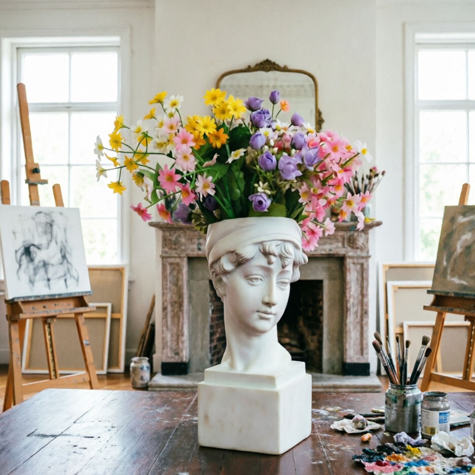Elegant Girl with a Headscarf Resin Bust Sculpture Flower Vase - Classic European Style Figurine for Home Decor