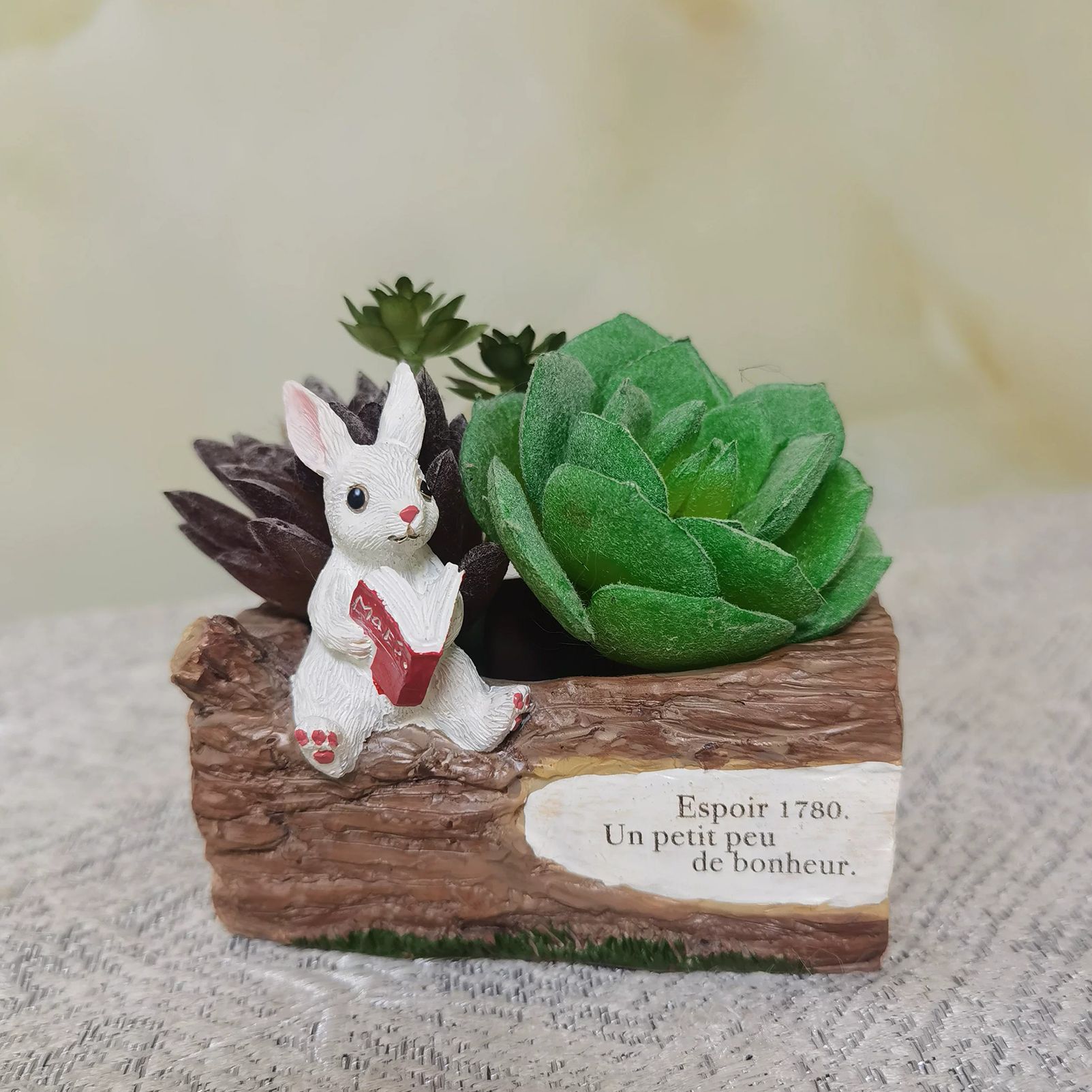 Whimsical Resin Bunny Planter - Cute Rabbit with Book on Tree Stump Design