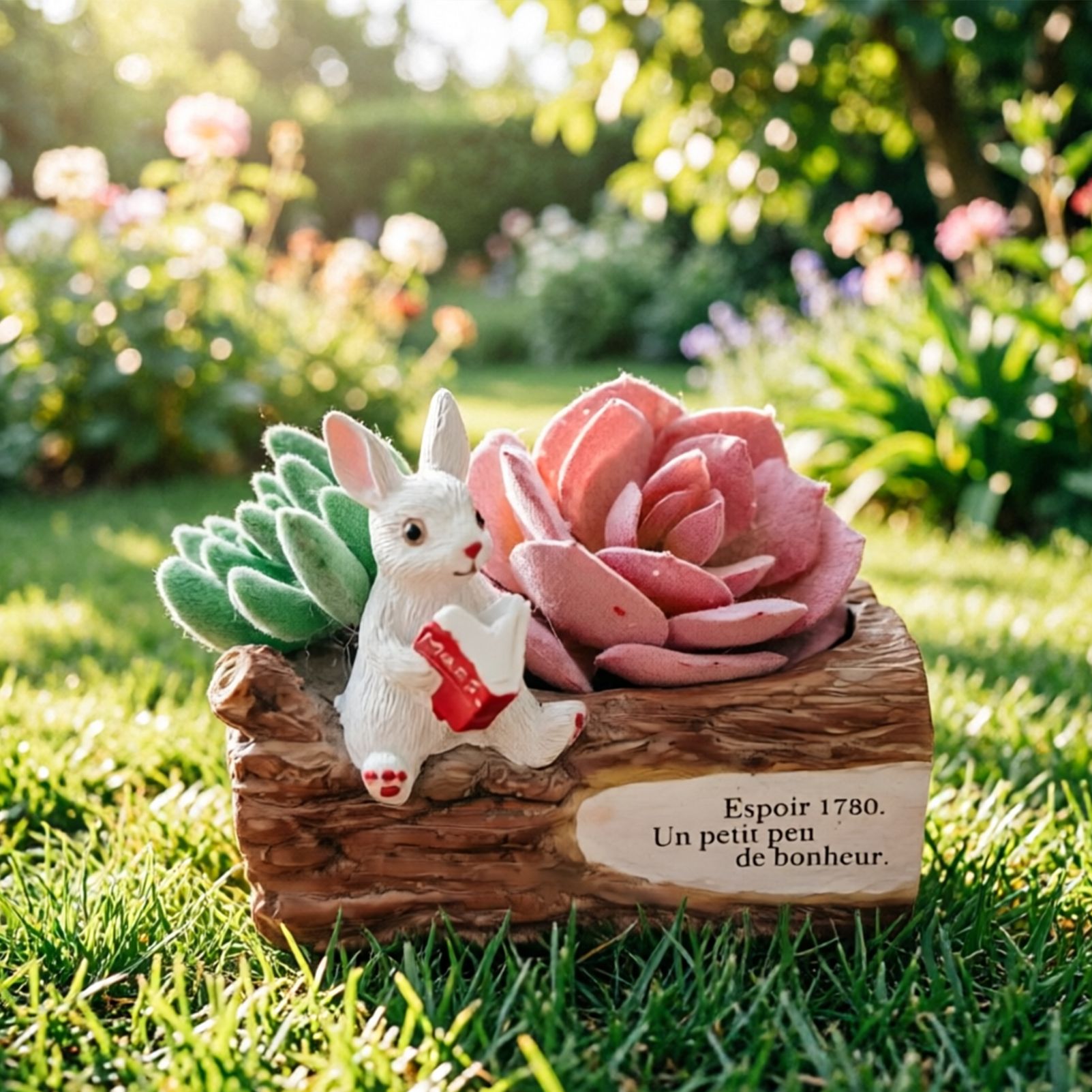 Whimsical Resin Bunny Planter - Cute Rabbit with Book on Tree Stump Design