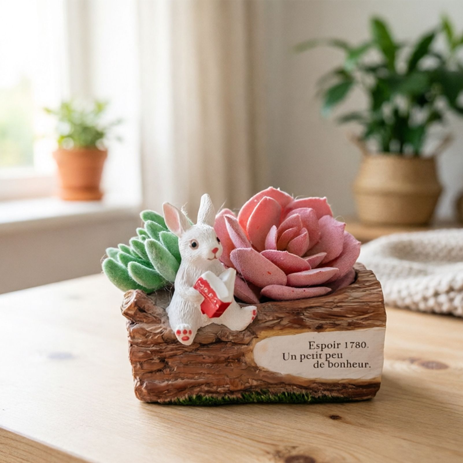 Whimsical Resin Bunny Planter - Cute Rabbit with Book on Tree Stump Design