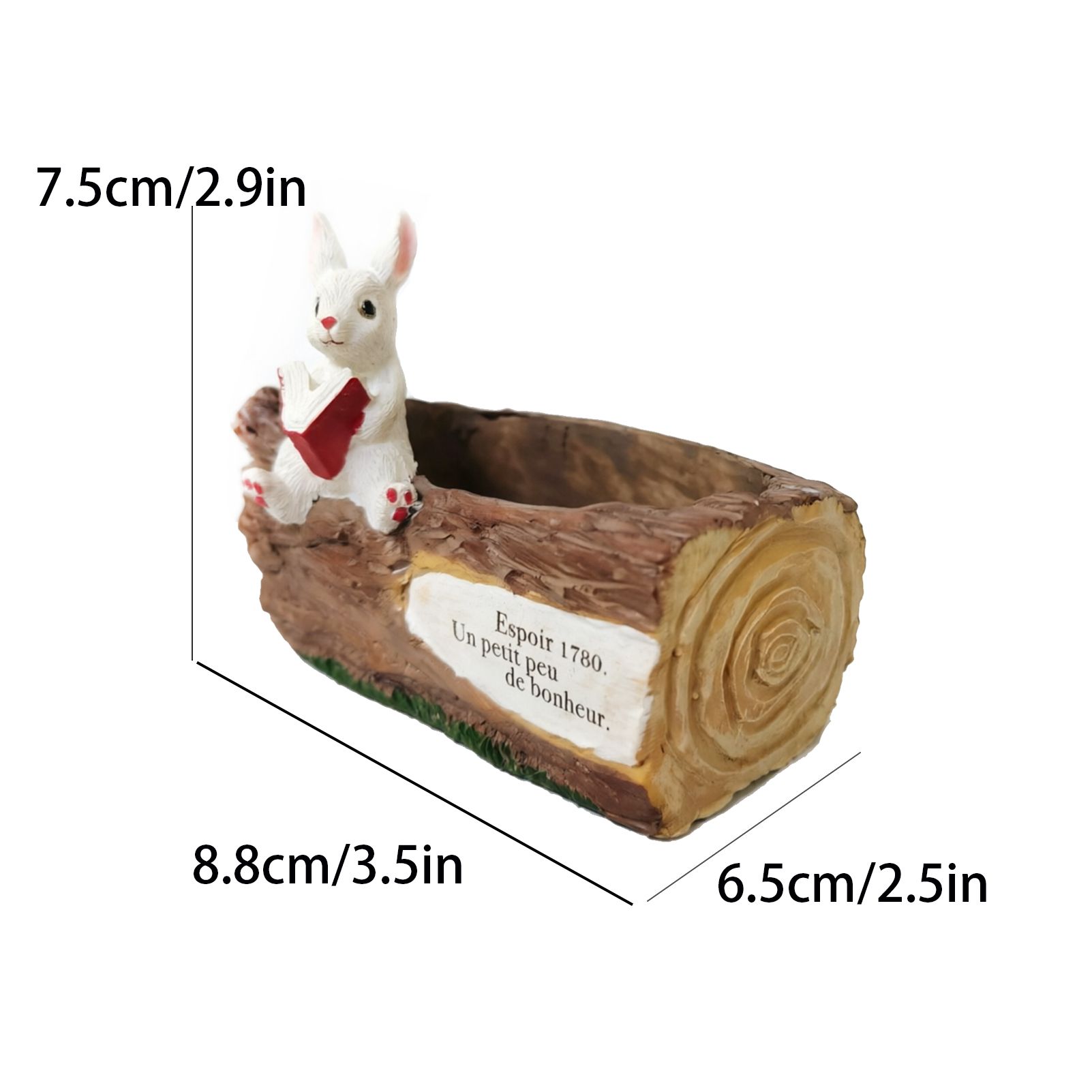 Whimsical Resin Bunny Planter - Cute Rabbit with Book on Tree Stump Design