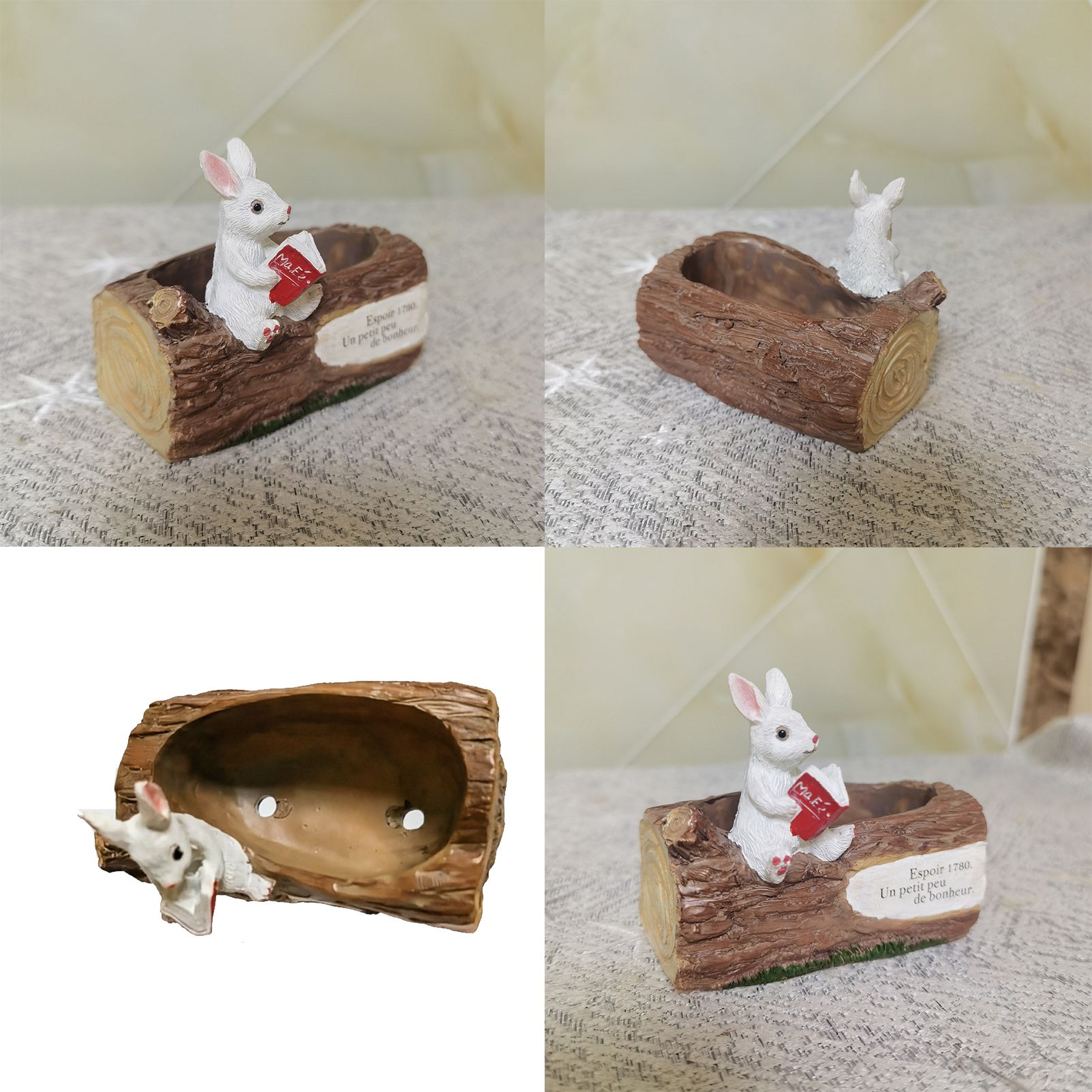 Whimsical Resin Bunny Planter - Cute Rabbit with Book on Tree Stump Design