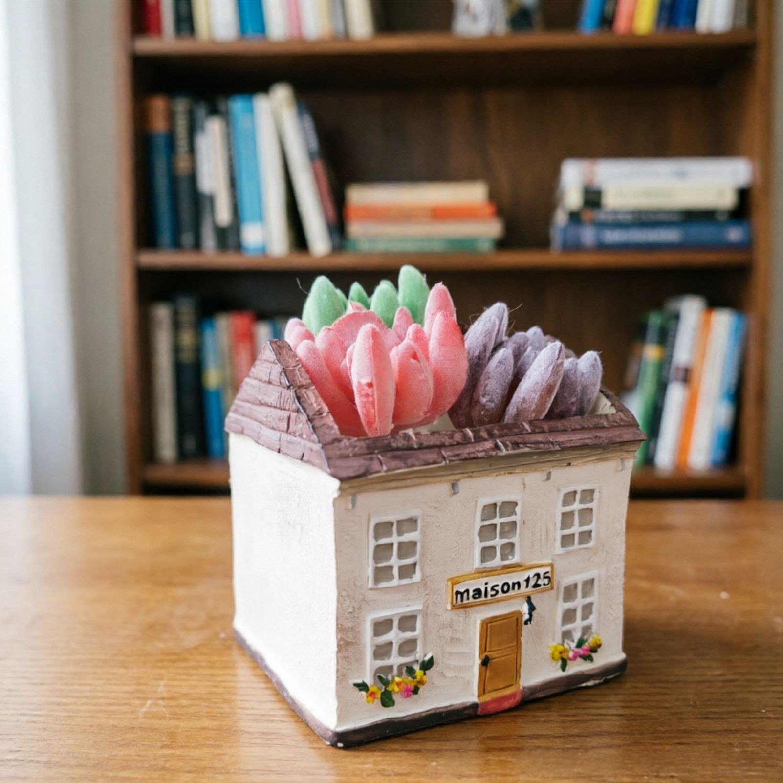 Mini House Square Cottage Planter - Vintage Resin Succulent Pot with Red Roof