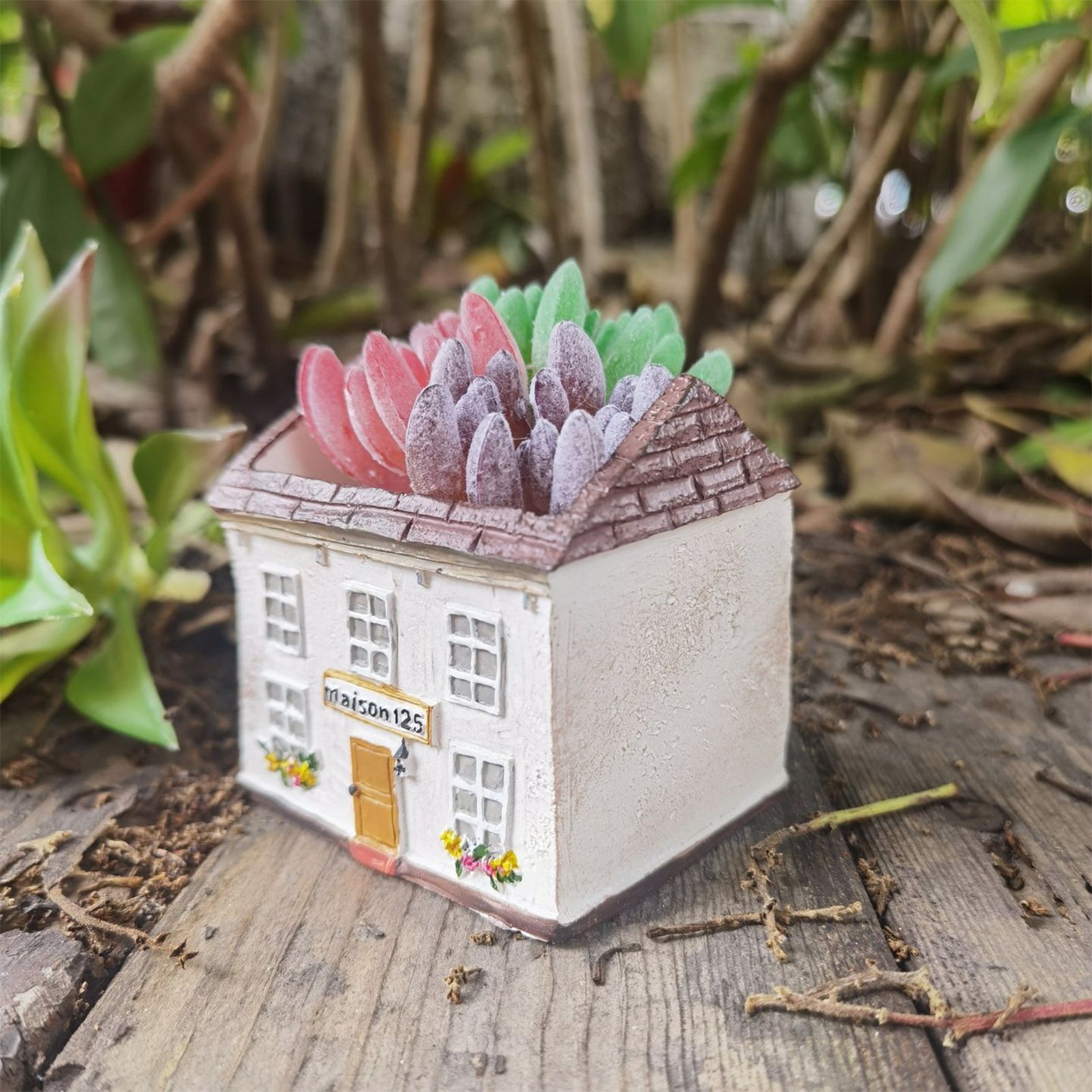 Mini House Square Cottage Planter - Vintage Resin Succulent Pot with Red Roof