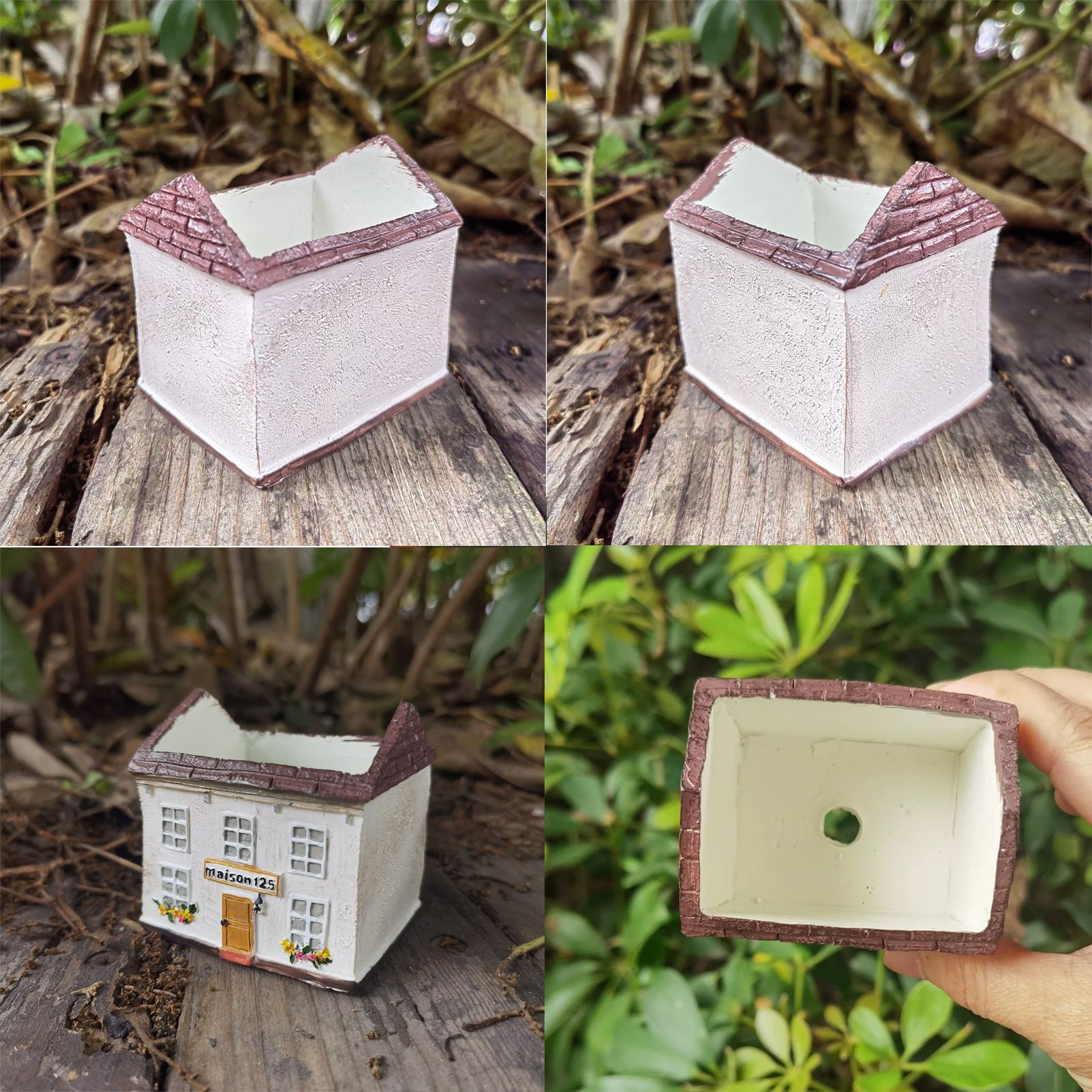 Mini House Square Cottage Planter - Vintage Resin Succulent Pot with Red Roof
