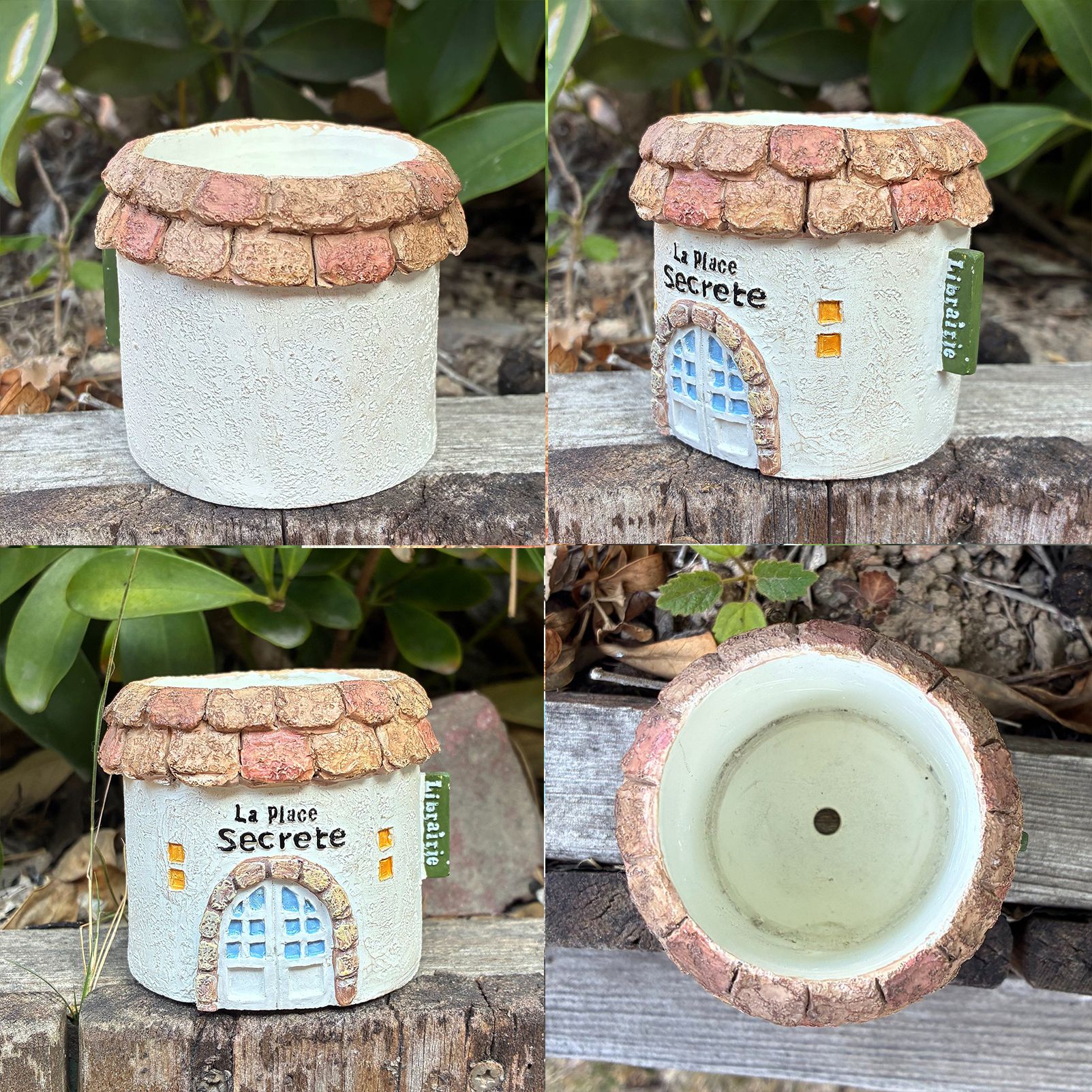 Mini Resin Round Cottage House Planter French Country Style Succulent Pot with Drainage Hole
