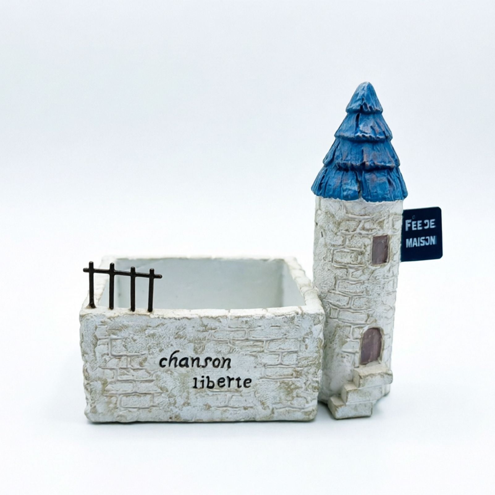 Mini French Country Tower House Planter with Blue-Tiled Tower – Handcrafted Resin Succulent Pot with Drainage