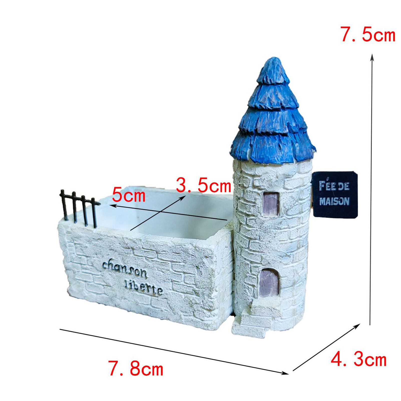 Mini French Country Tower House Planter with Blue-Tiled Tower – Handcrafted Resin Succulent Pot with Drainage
