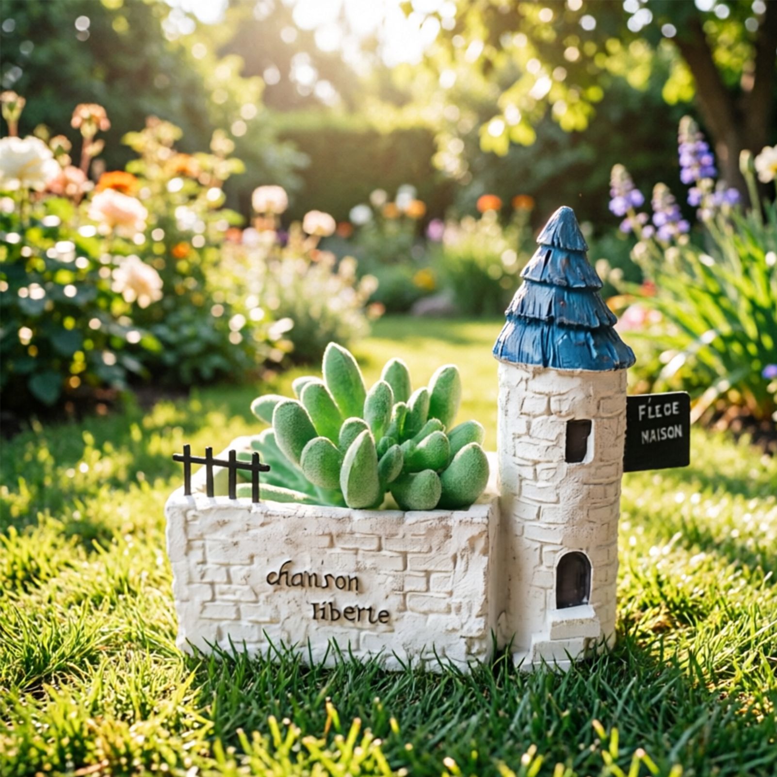 Mini French Country Tower House Planter with Blue-Tiled Tower – Handcrafted Resin Succulent Pot with Drainage