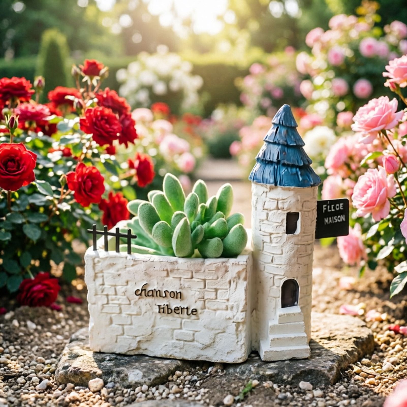 Mini French Country Tower House Planter with Blue-Tiled Tower – Handcrafted Resin Succulent Pot with Drainage