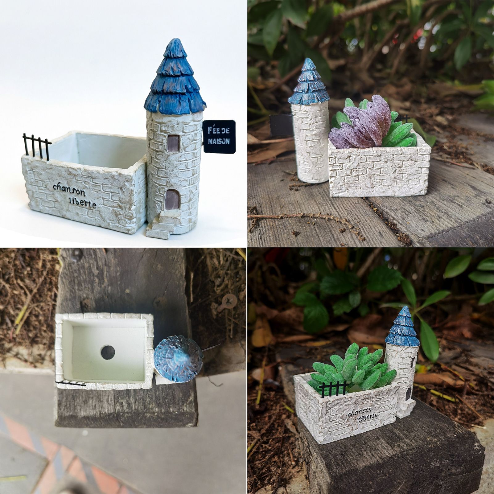 Mini French Country Tower House Planter with Blue-Tiled Tower – Handcrafted Resin Succulent Pot with Drainage