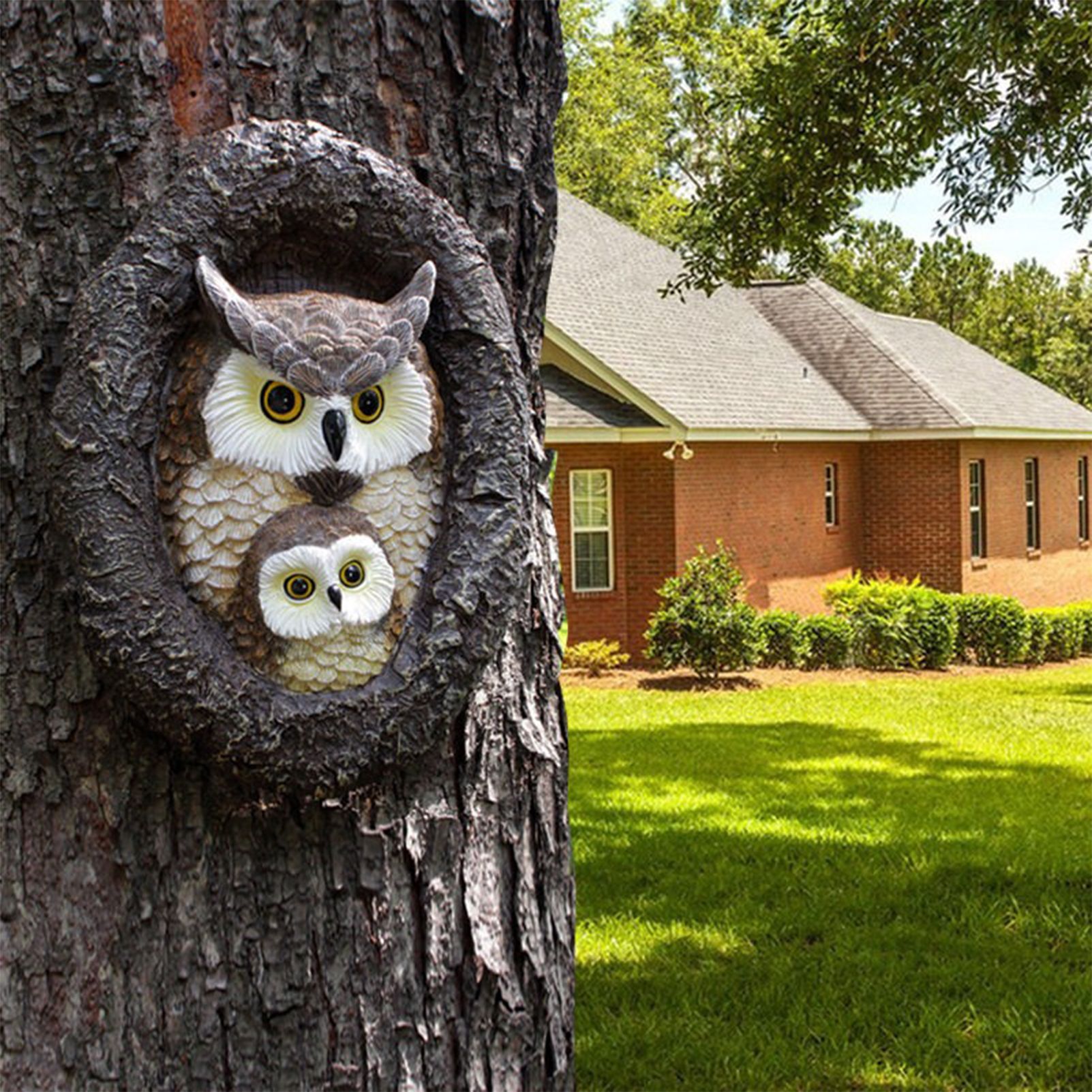 Owl with Tree Hole Statue – Weather-Resistant Resin Garden Decor with Natural Bark Texture – Outdoor Wall Hanging Ornament for Yard