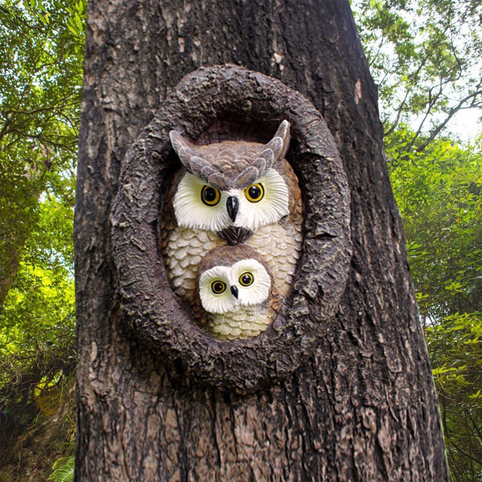 Owl with Tree Hole Statue – Weather-Resistant Resin Garden Decor with Natural Bark Texture – Outdoor Wall Hanging Ornament for Yard
