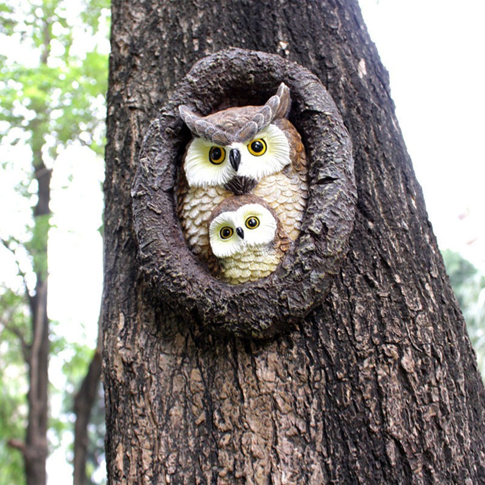 Owl with Tree Hole Statue – Weather-Resistant Resin Garden Decor with Natural Bark Texture – Outdoor Wall Hanging Ornament for Yard