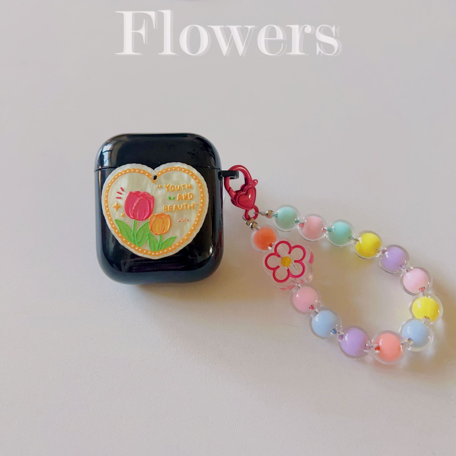 Floral patches + black base shell + colorful bracelet AirPods Pro