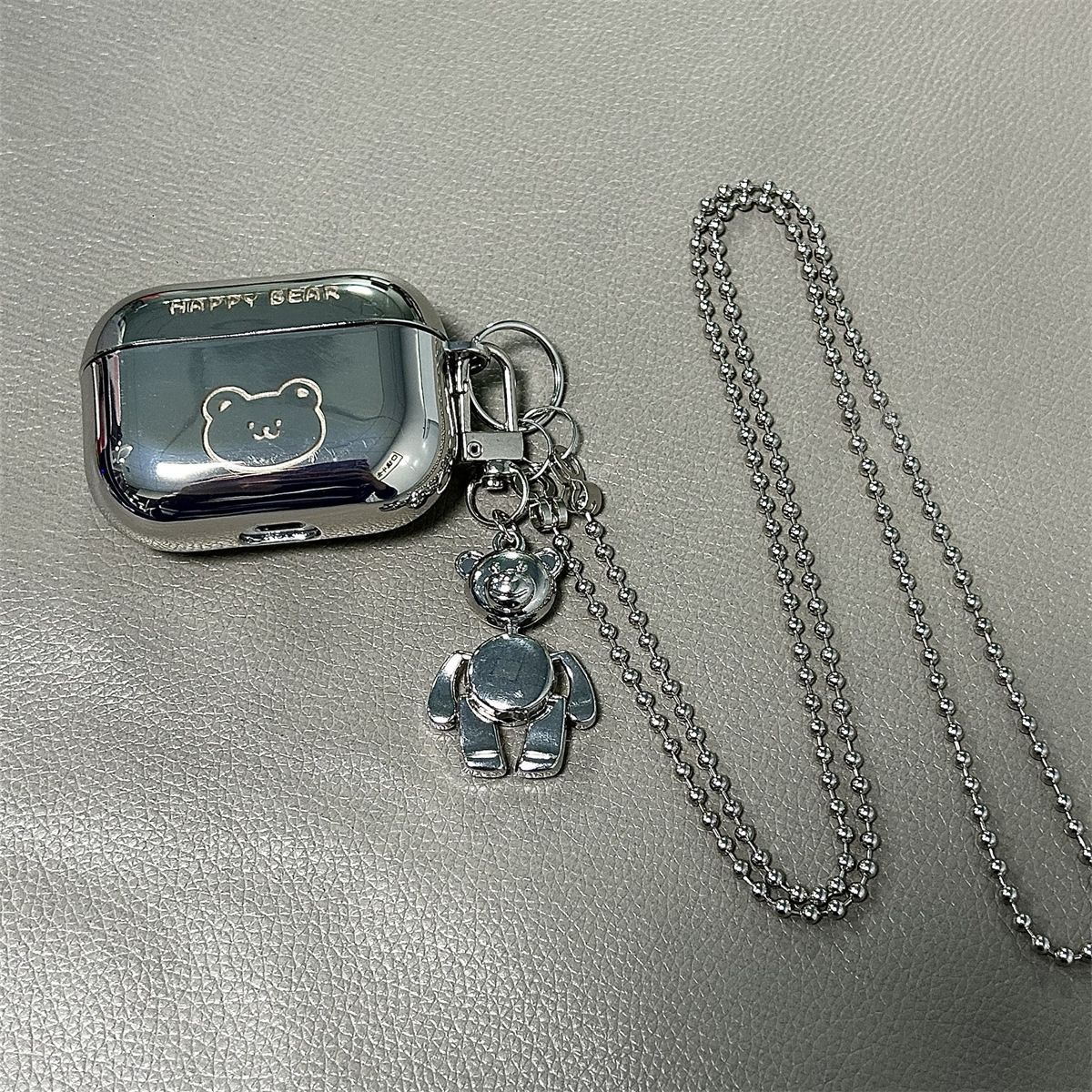 Laser Engraved HAPPY Bear + Matching Keychain + Necklace AirPods pro