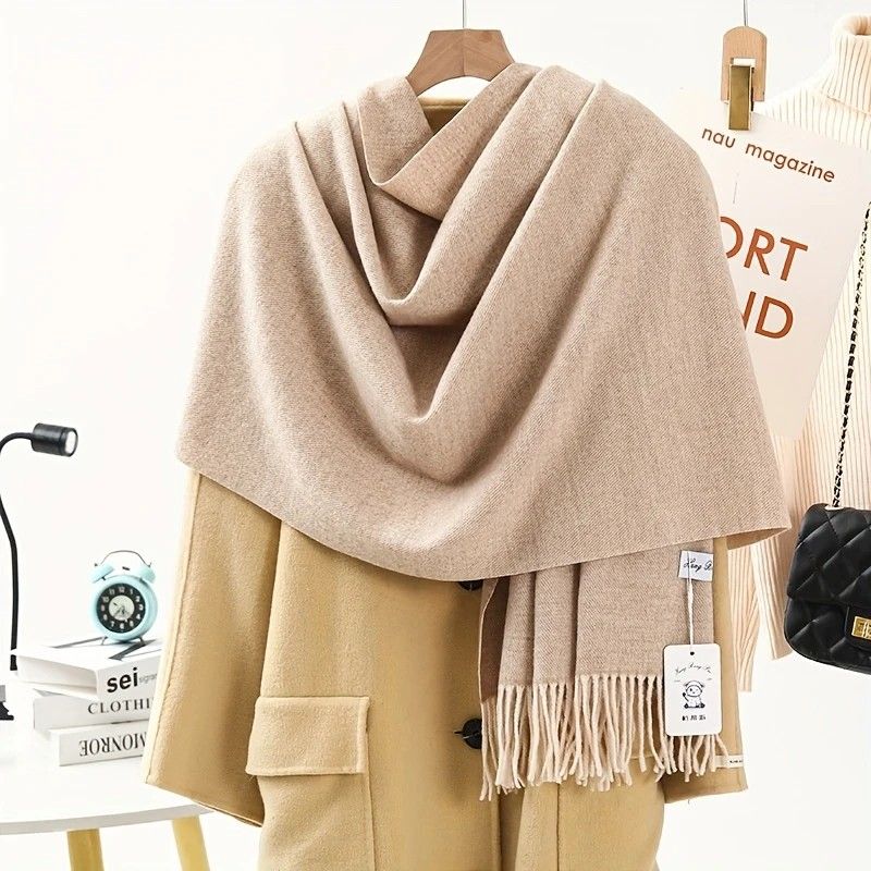 Solid Color Cashmere Wrap Scarf, Thickened for Warmth and Windproof, Bohemian-Style Winter Wardrobe Essential(Oat color)