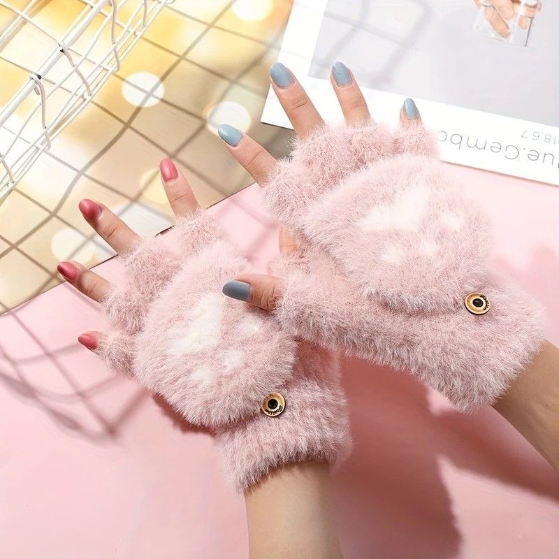 Faux Mink Fingerless Fleece-Lined Warm Gloves – Practical for Autumn/Winter, Heart Design with High-Elastic Cuff, Ideal for Office Use and Daily Hand Warmth.(pink)