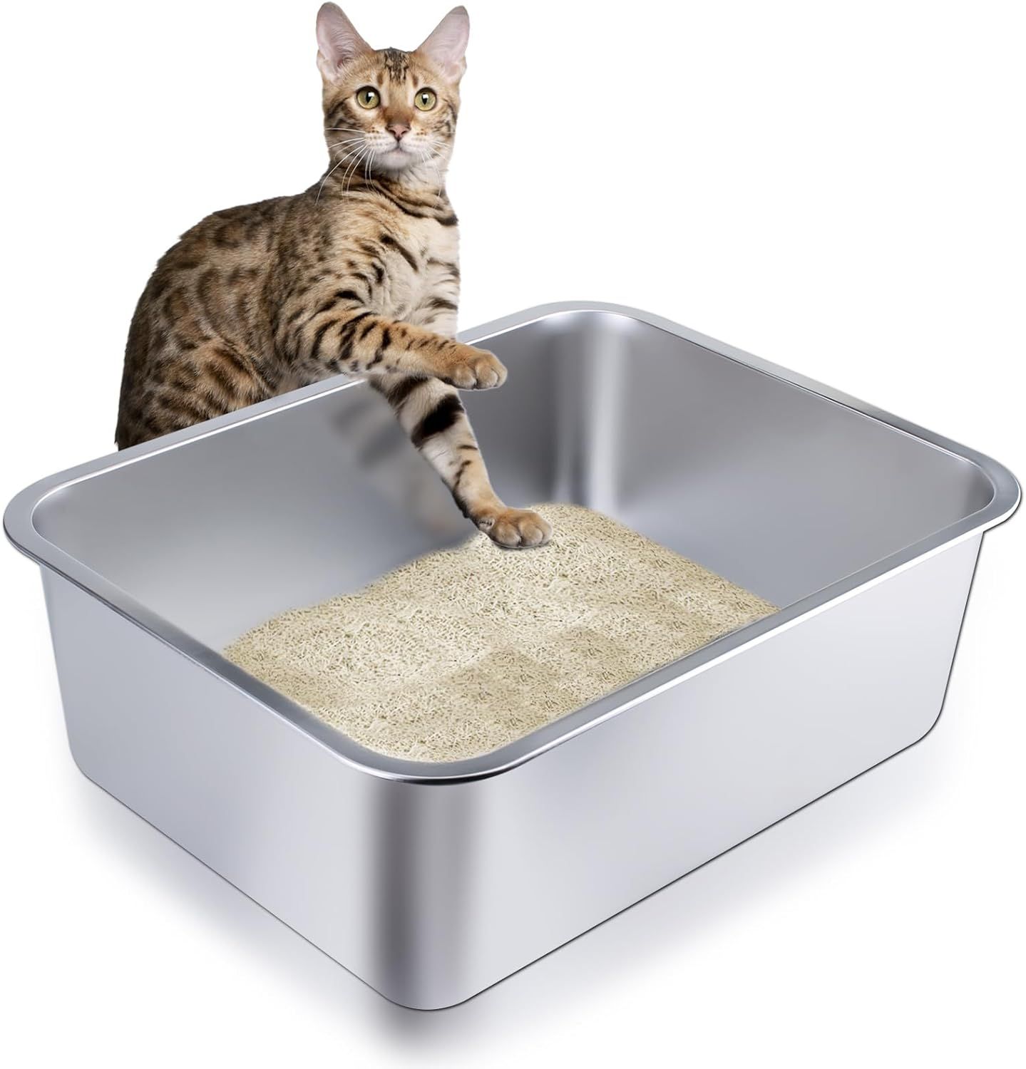 Stainless Steel Cat Litter Box - Large Metal High-Sided Pan for Cats, Pets, Non-Stick, Odor-Free, Easy to Clean, Splash-Proof, Durable (23.6" L x 15.8" W x 8" H)