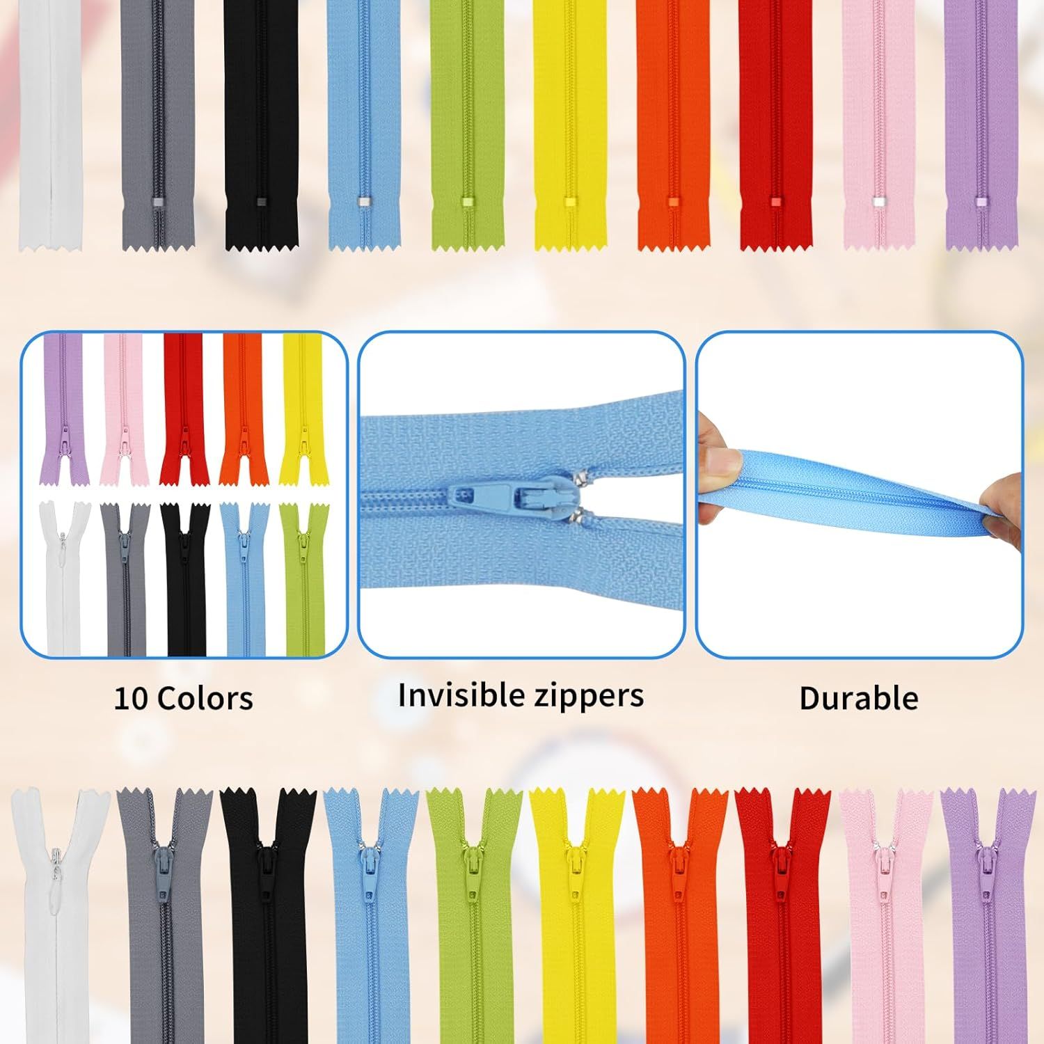 30 Pcs Nylon Coil Zippers for Tailor Sewing in 10 Assorted Colors - Mixed Color Invisible Zippers for Bags