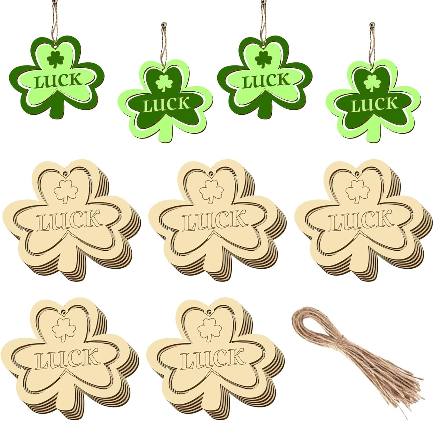 20Pcs Wooden Shamrock Ornaments to Paint, 3.2 Inch St. Patrick's Day Unfinished Wood Shamrock Cutouts, DIY Blank Luck Clover Shape Hanging Ornaments Ropes with for Crafts Tree Home Decor