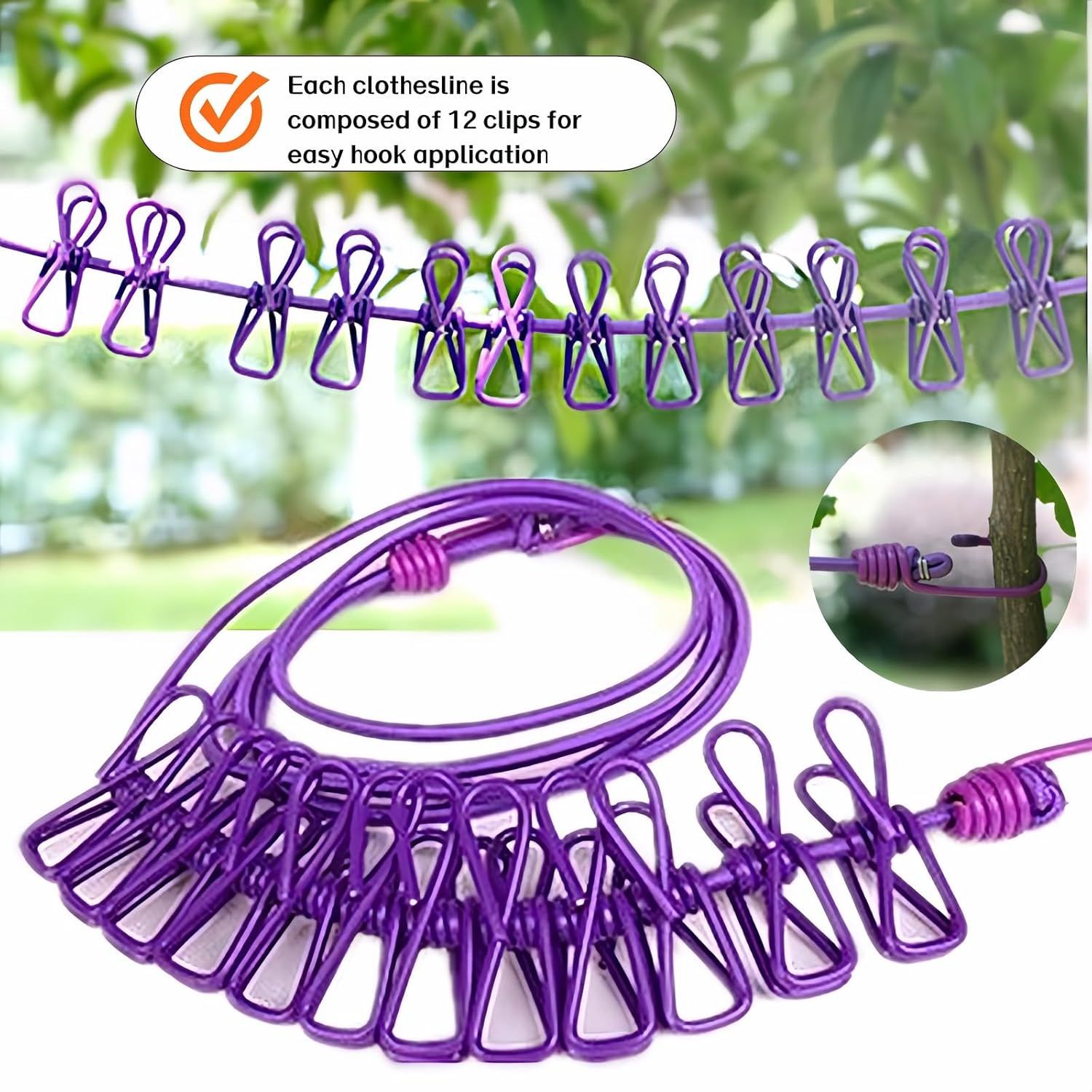 Portable Clothesline with 12 Clips - Extends 12ft