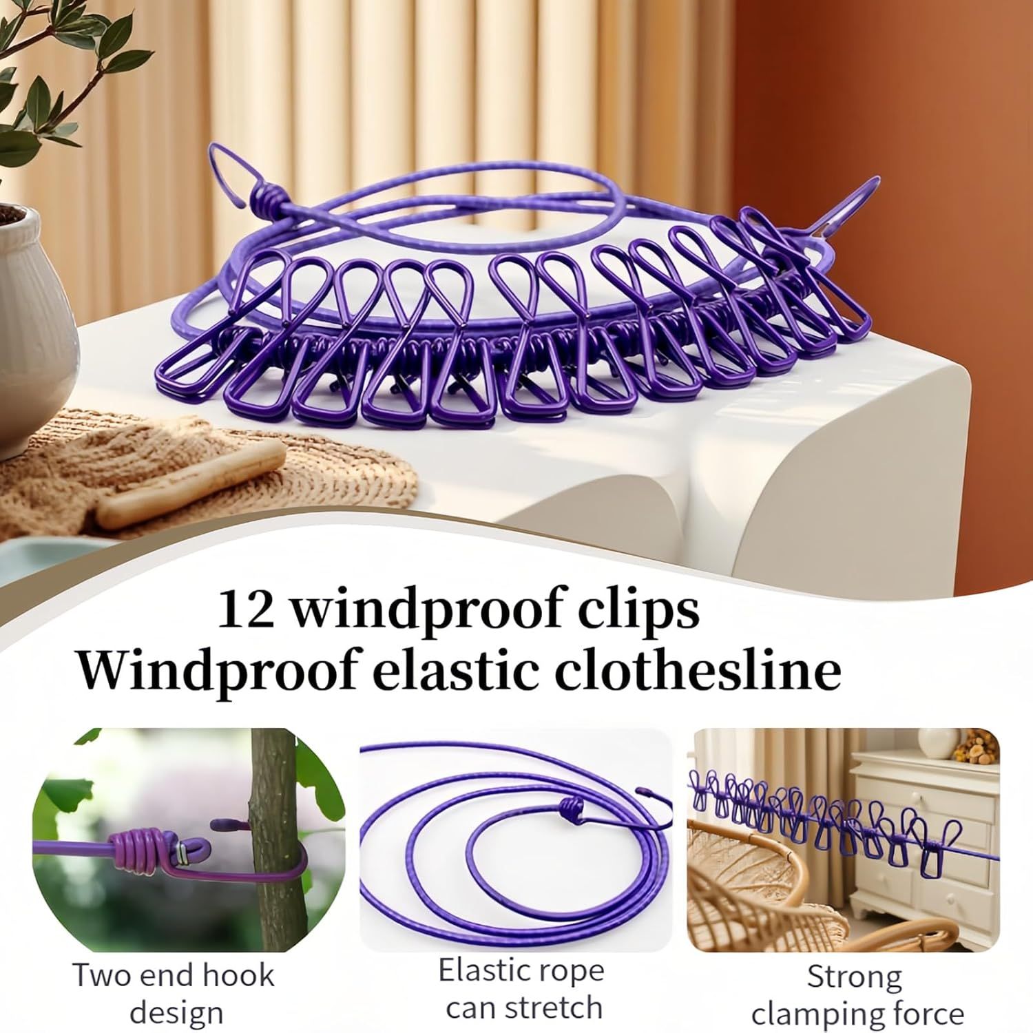 Portable Clothesline with 12 Clips - Extends 12ft