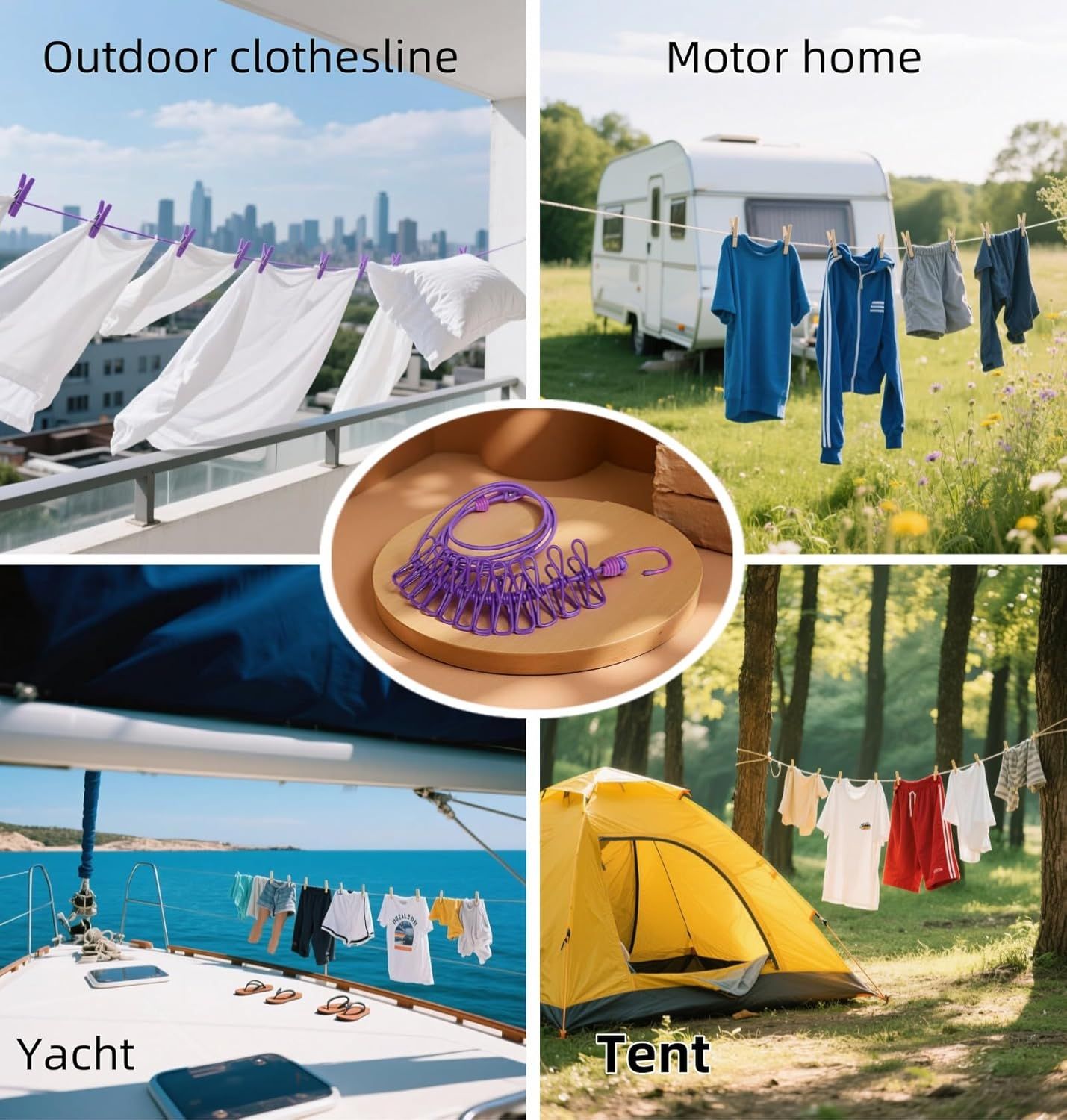 Portable Clothesline with 12 Clips - Extends 12ft