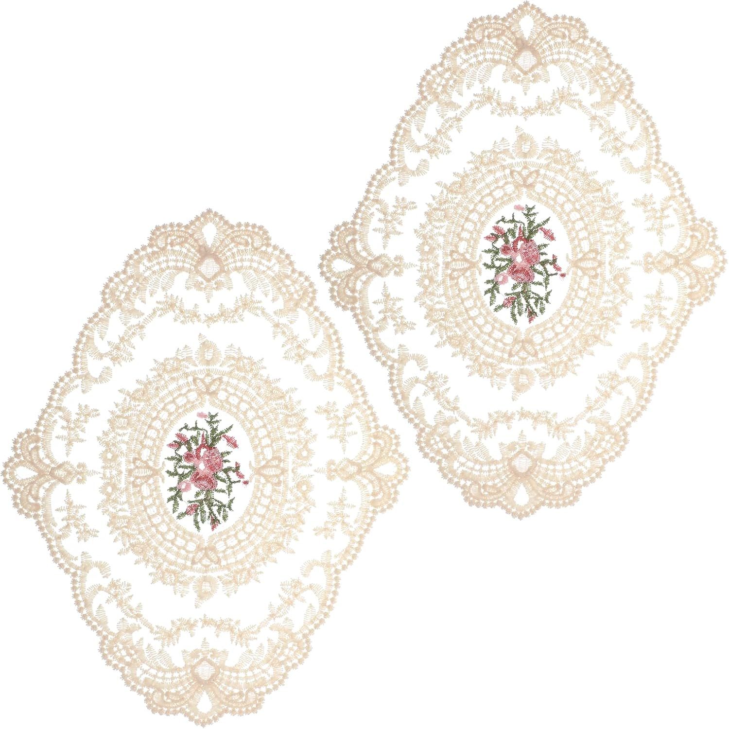 2PCS Lace Doilies for Tables, Lace Placemats Doilies for Tables Beige Embroidered Cup Mats Table Mats, Elegant and Retro for Desktop Decoration, Heat Insulation