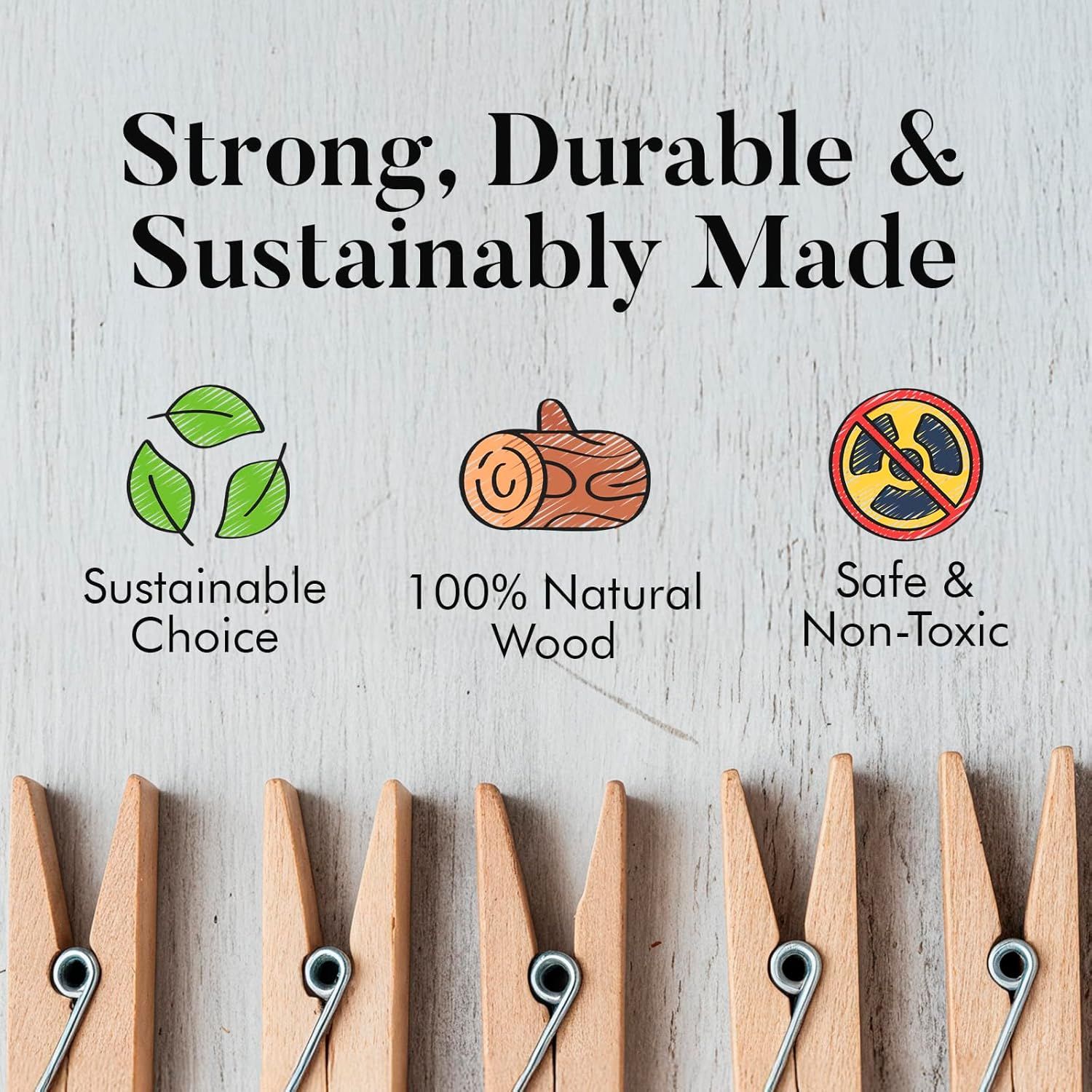 Clothes Pins Wooden – 50 Pack Wooden Clothespins 2.9 Inch with Rust-Resistant Coil