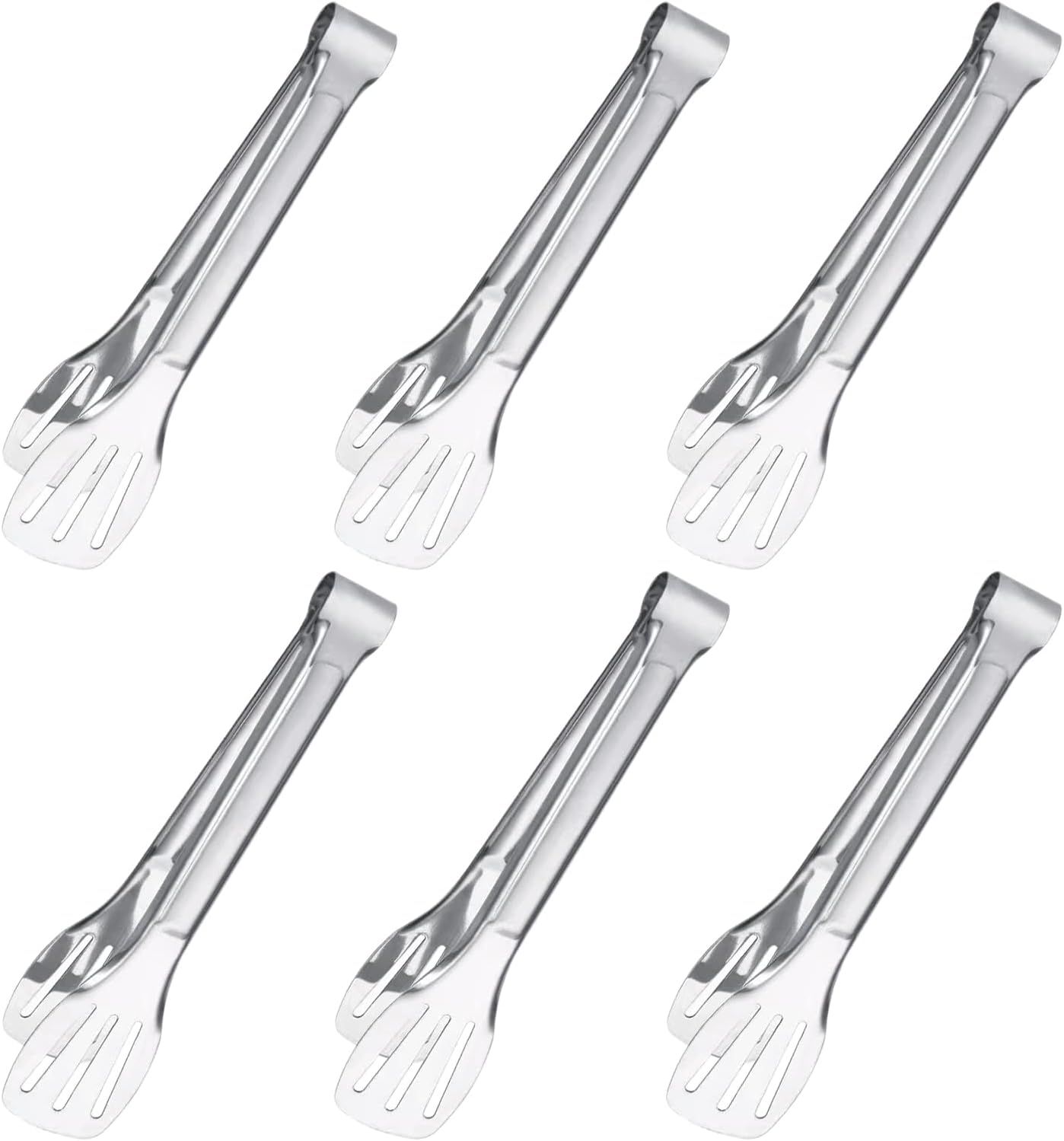 6PCS Serving Tongs, 7Inch Buffet Tongs, Stainless Steel Food Tong Small Serving Utensils for Cooking, Entertaining, Salad, Barbecue, Buffet, Toast and Steak by (Stainless buffet tongs)