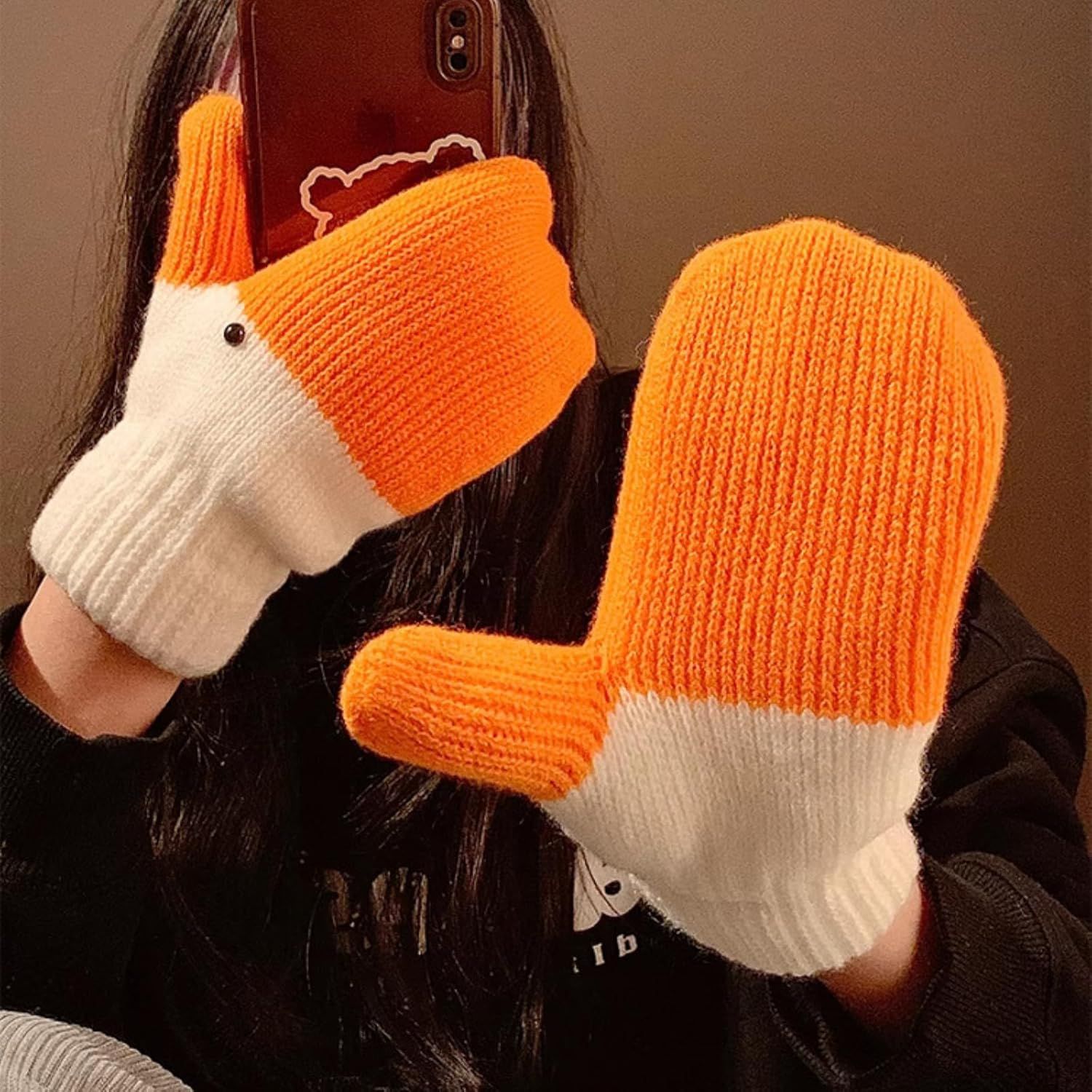 Women%27s Winter Warm Fleece Knitted Mittens wuth Funny Goose Design