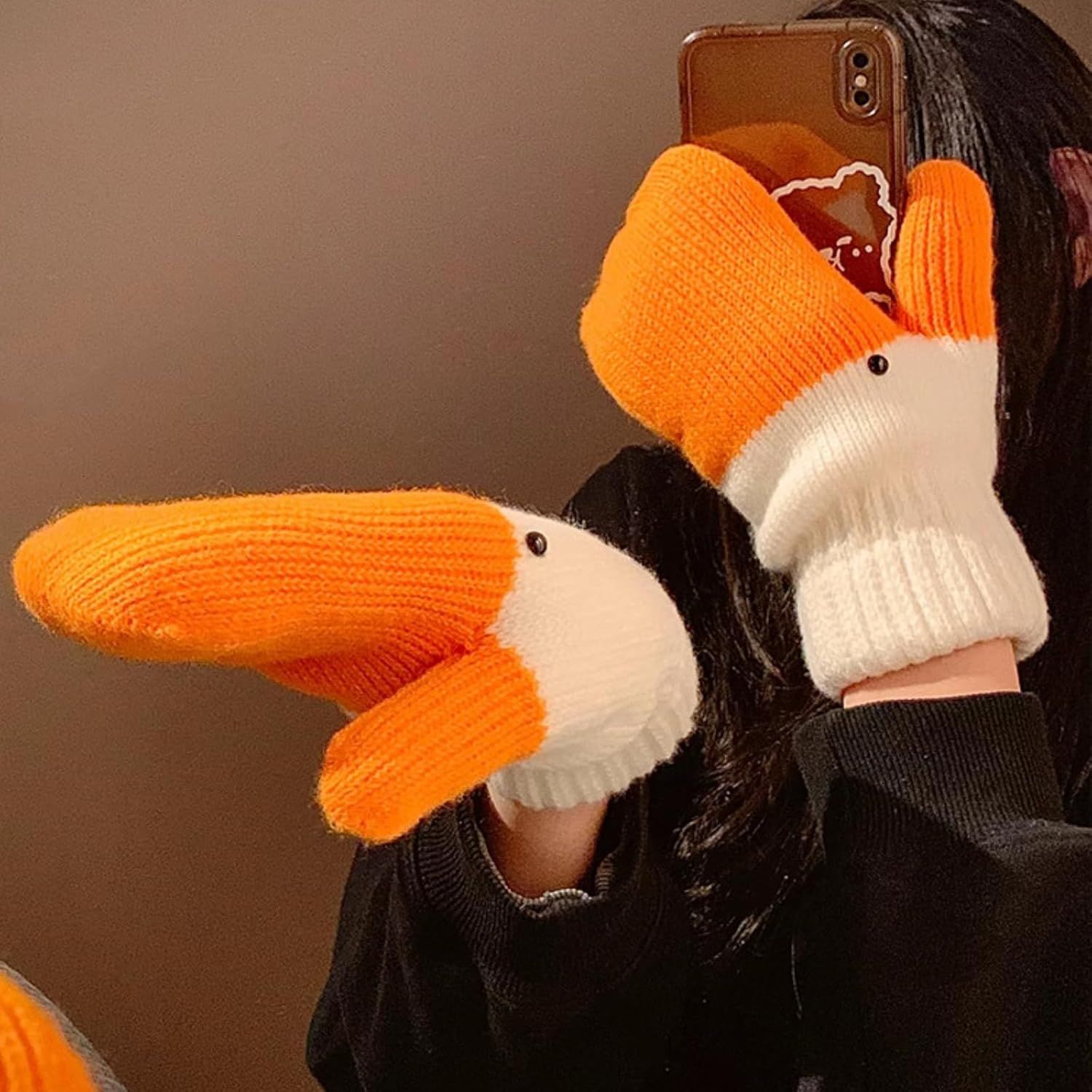 Women%27s Winter Warm Fleece Knitted Mittens wuth Funny Goose Design