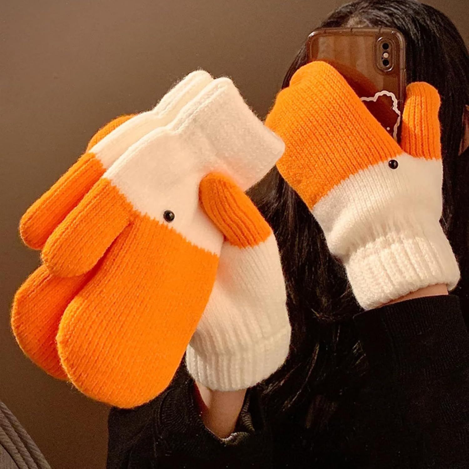 Women%27s Winter Warm Fleece Knitted Mittens wuth Funny Goose Design