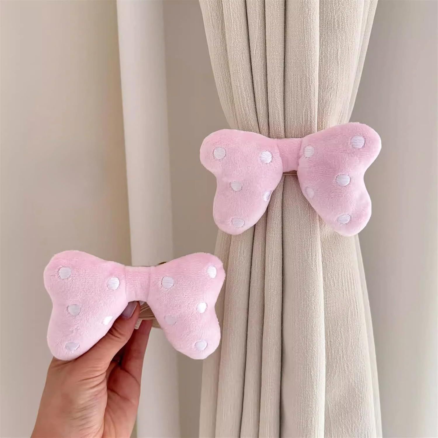 2 Pack Curtain Tiebacks with Pink Plush Bow and White Polka Dot