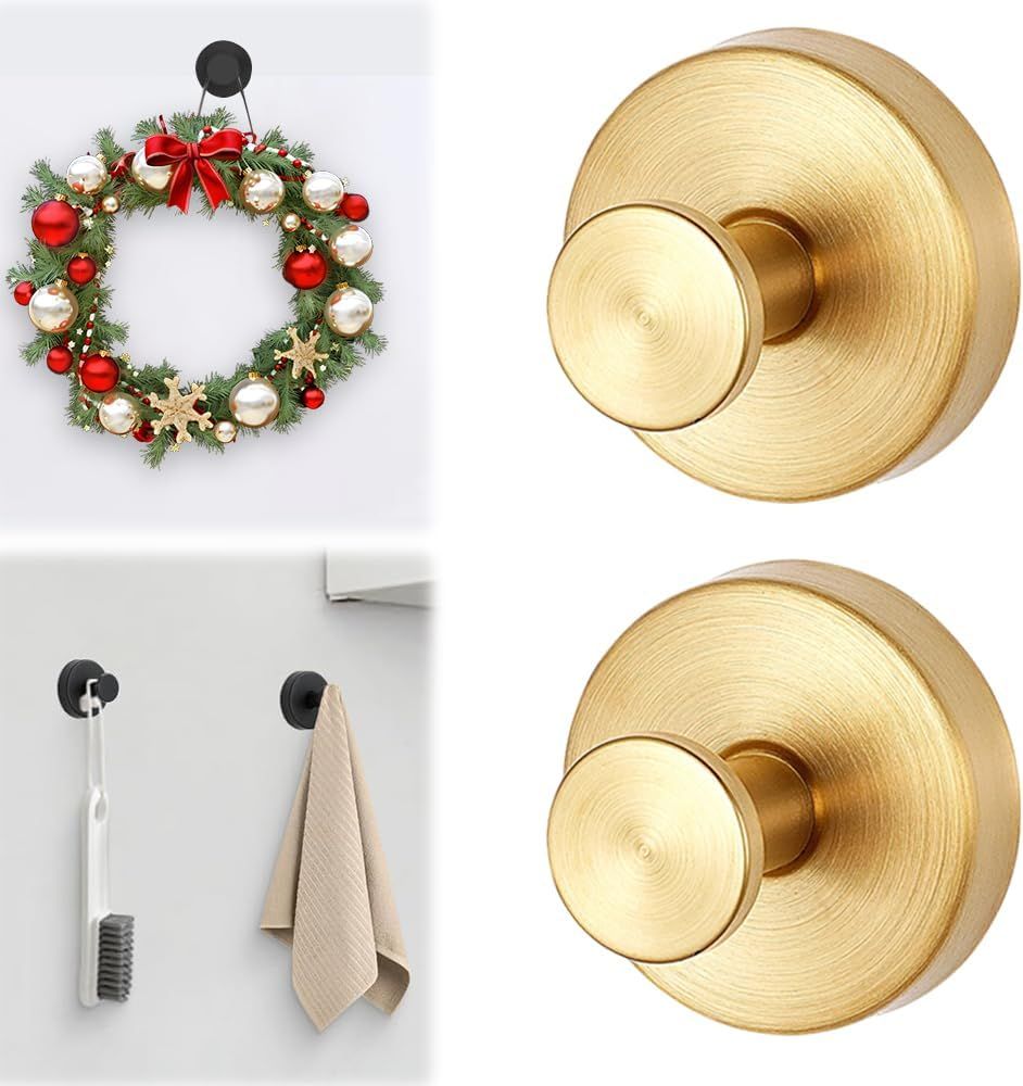 Suction Cup Hooks for Wreaths on Glass,2026 Wreath Hangers for Front Door,No Drill Suction Cup Hooks,Metal Towel Hooks for Window Bathroom Mirrors,Christmas Decorations Outdoor (Golden-2PC)