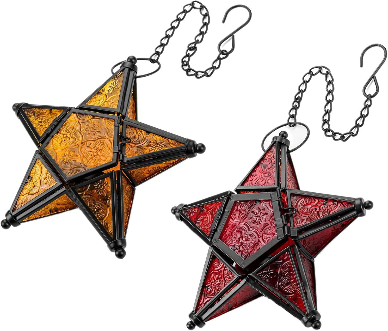 Glass Star Lantern Hanging Ornaments - Tea Light Lantern Window Hangings Patio Balcony Living Room Decoration Vintage Glass Star Lantern Hanging Ornaments - Tea Light Lantern Window Hangings Patio Balcony Living Room Decoration Vintage