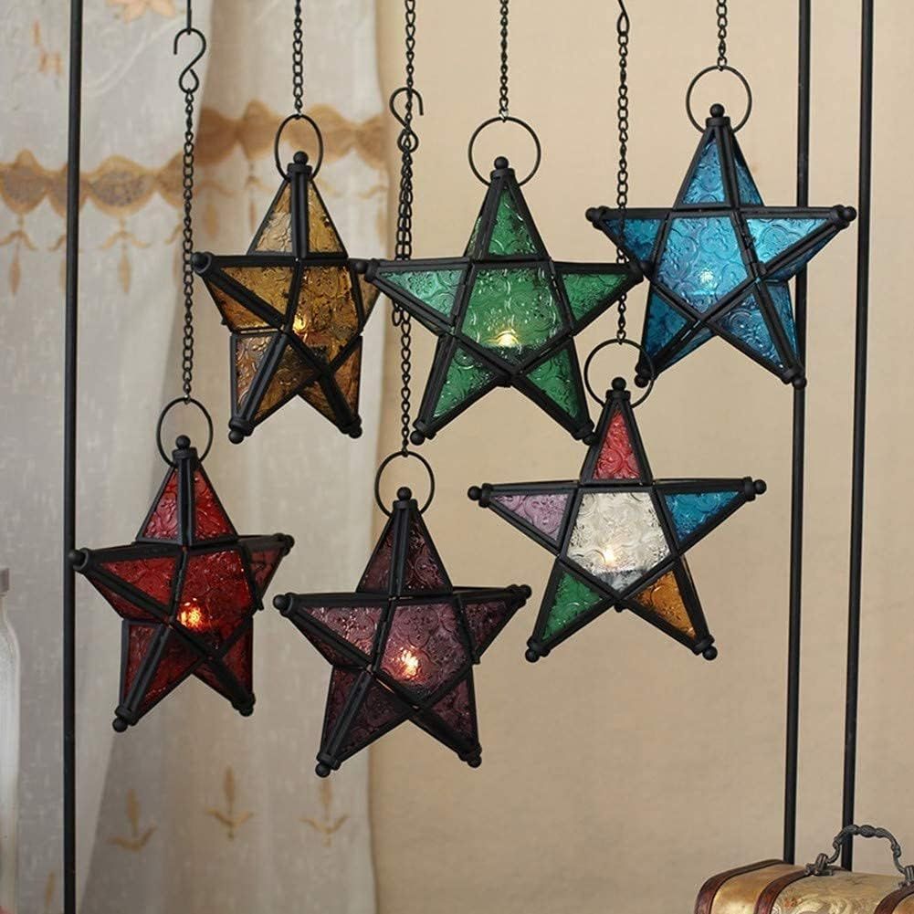 Glass Star Lantern Hanging Ornaments - Tea Light Lantern Window Hangings Patio Balcony Living Room Decoration Vintage