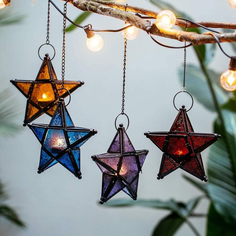 Glass Star Lantern Hanging Ornaments - Tea Light Lantern Window Hangings Patio Balcony Living Room Decoration Vintage