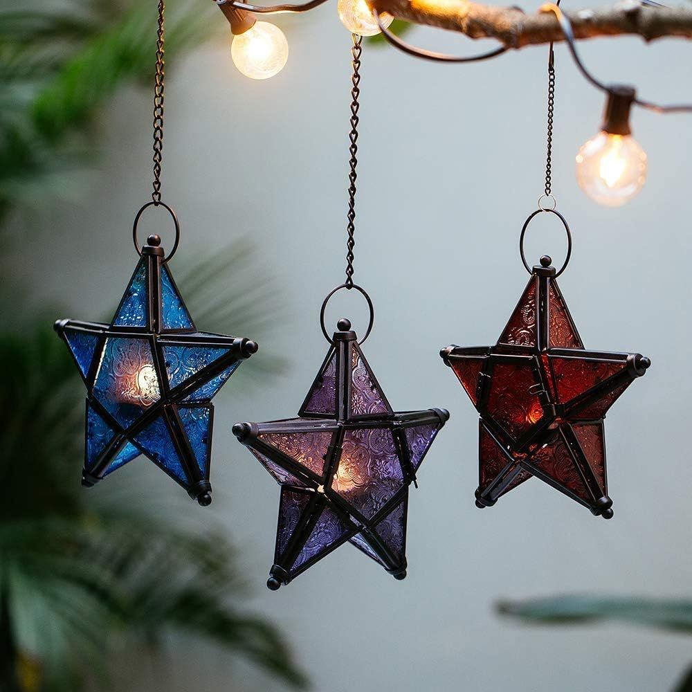 Glass Star Lantern Hanging Ornaments - Tea Light Lantern Window Hangings Patio Balcony Living Room Decoration Vintage