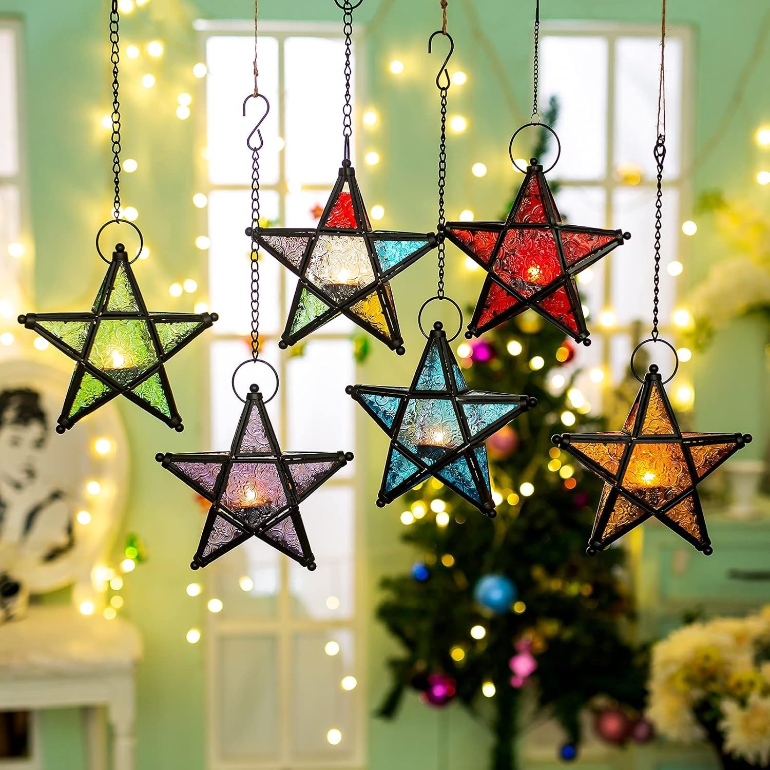 Glass Star Lantern Hanging Ornaments - Tea Light Lantern Window Hangings Patio Balcony Living Room Decoration Vintage